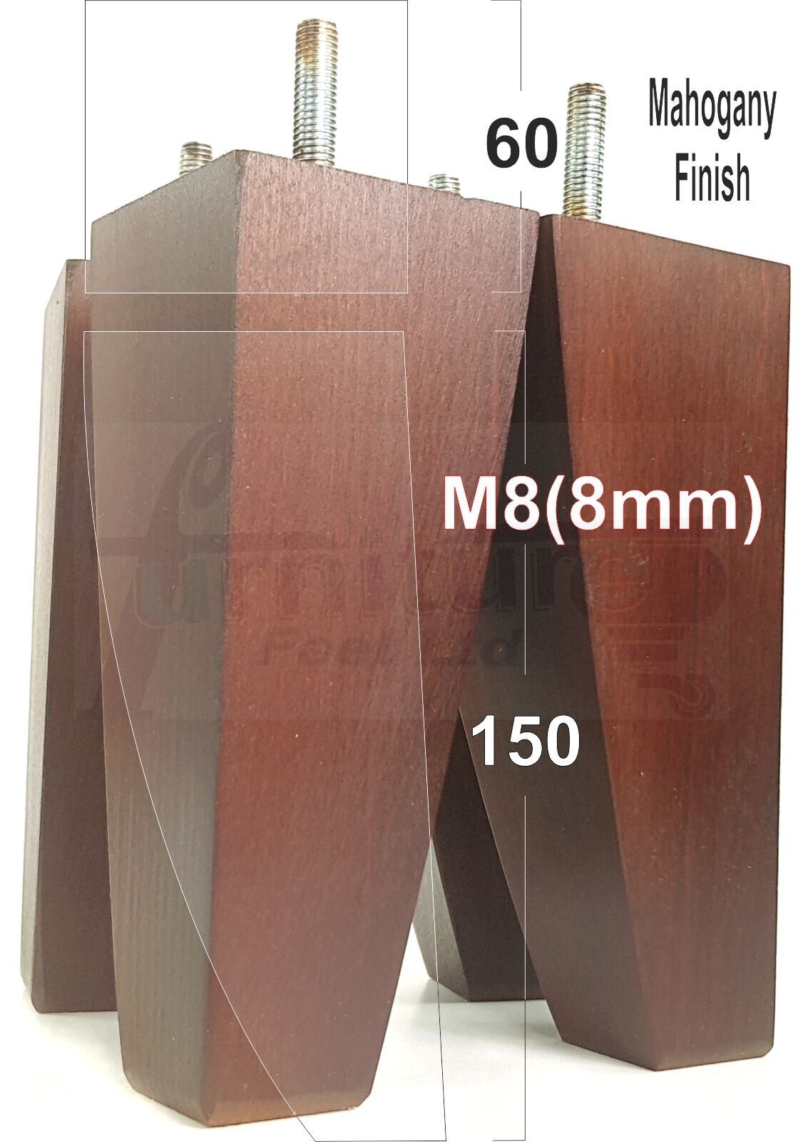 4x Tapered Square Furniture Legs Sofa Feet M8 for Chairs, Settees 150mm High
