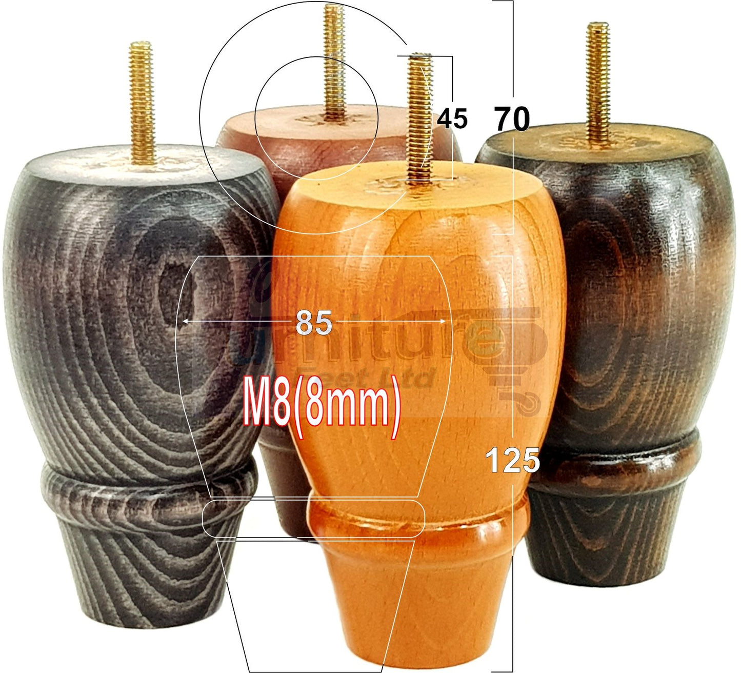 SET OF 4 REPLACEMENT FURNITURE BUN FEET TURNED WOODEN LEGS 125mm HIGH FOR SETTEE CHAIRS SOFAS FOOTSTOOLS M8 (8mm) PKC342