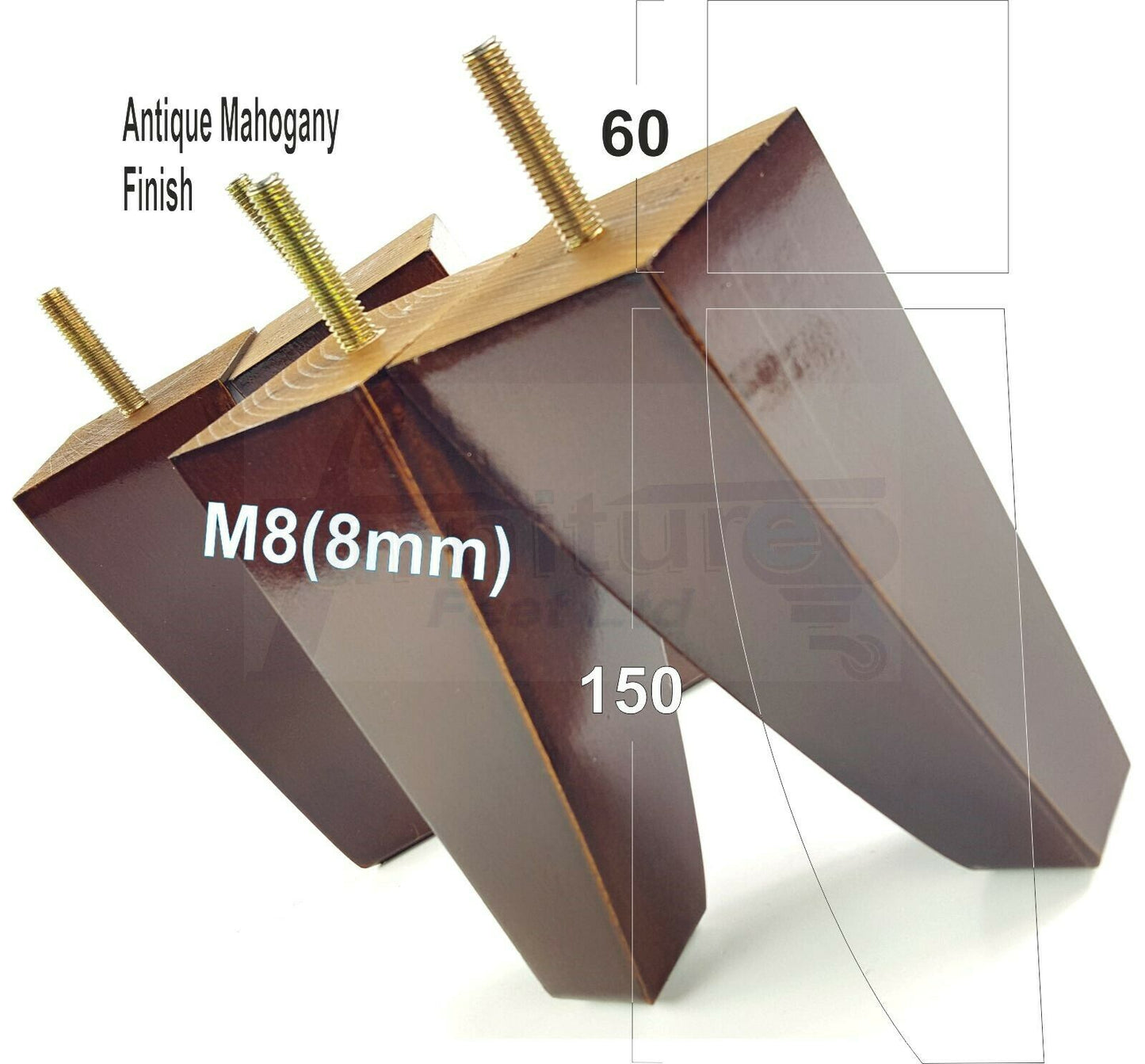 4x Tapered Square Furniture Legs Sofa Feet M8 for Chairs, Settees 150mm High