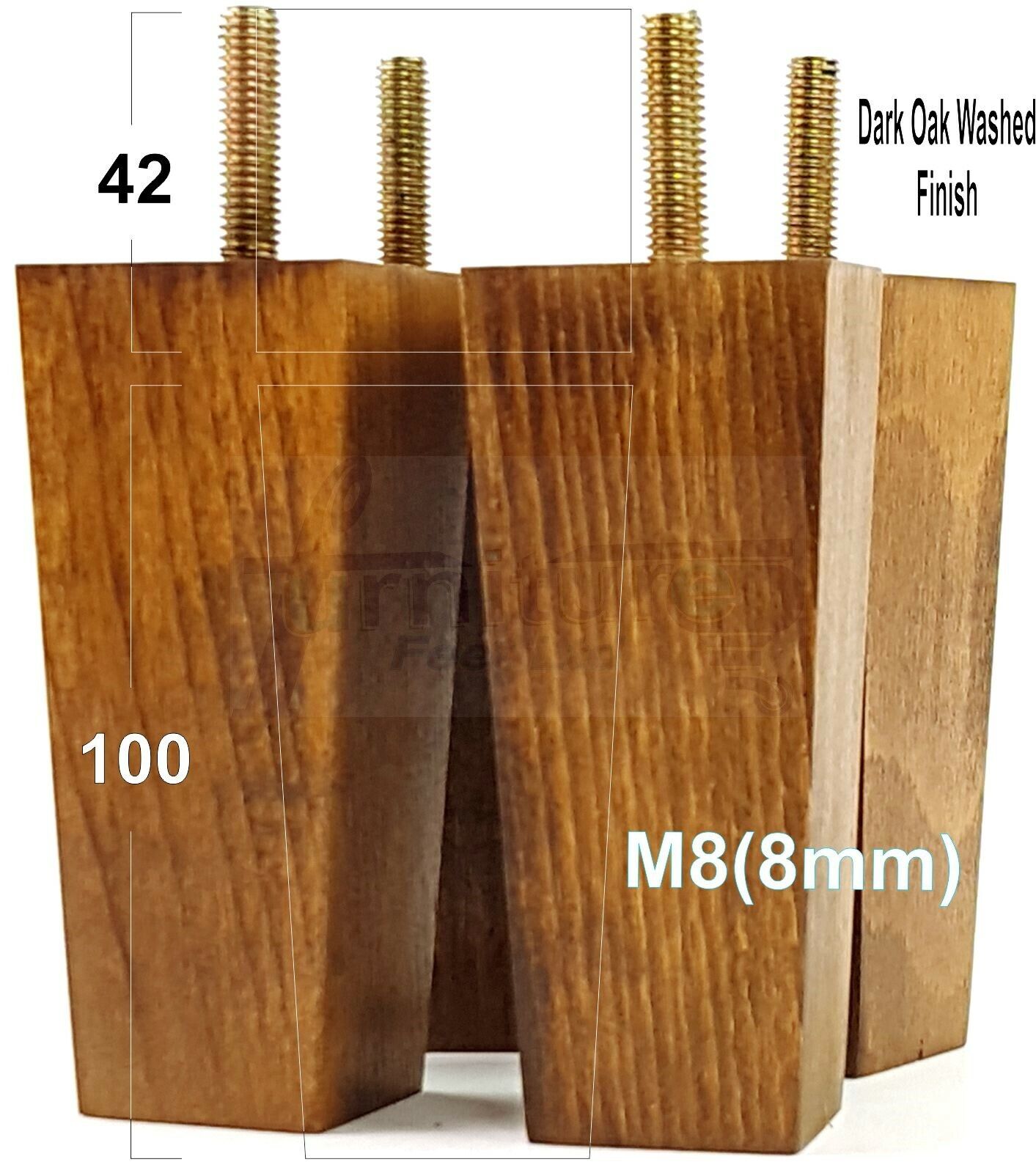 4x Solid Wood Block Furniture Legs Replacement Square Feet 100mm High M8(8mm)