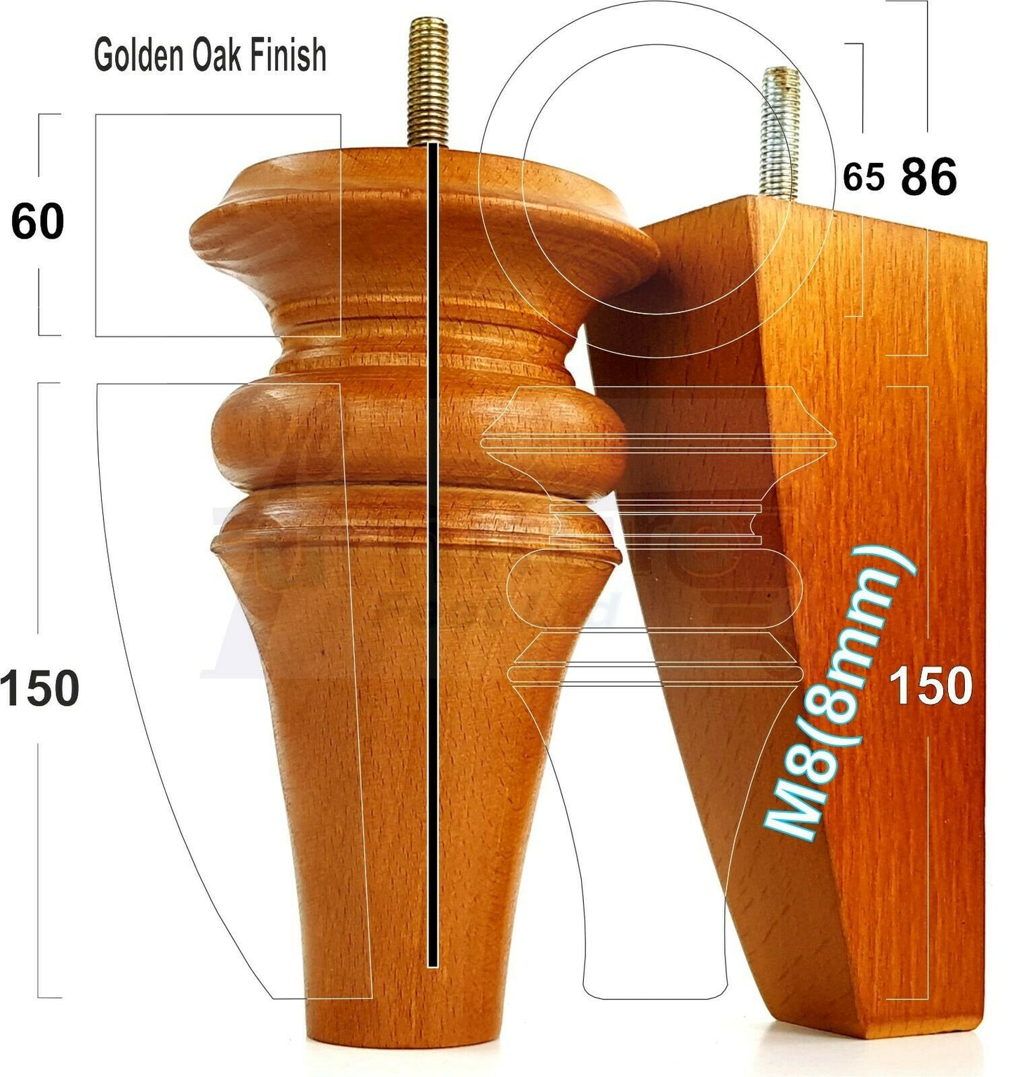 2x Turned & 2x Curved Back Wooden Feet Replacement Furniture Legs 150mm M8(8mm)