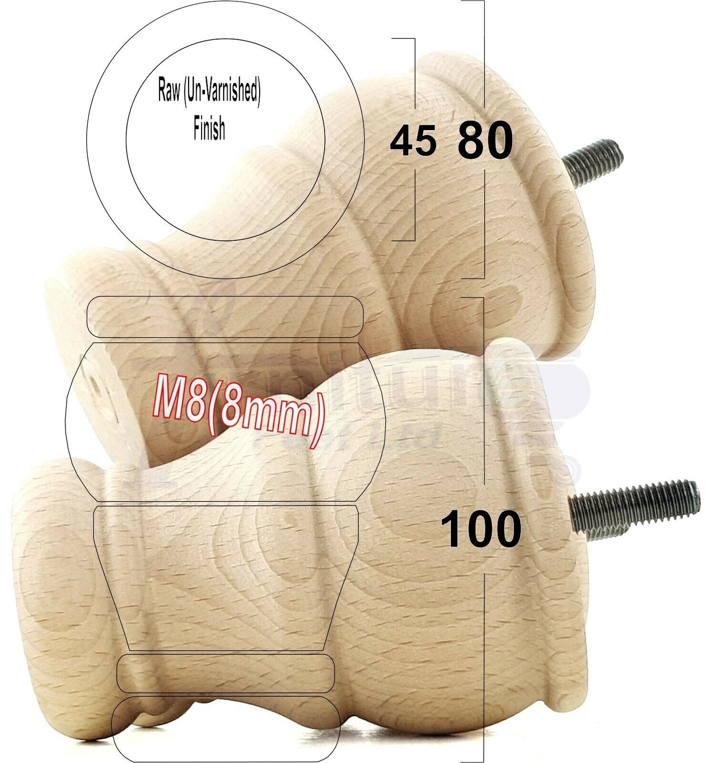4 Turned Wood Furniture Chair Legs M8 Replacement Sofa Settee Chair Bed Feet 100mm High