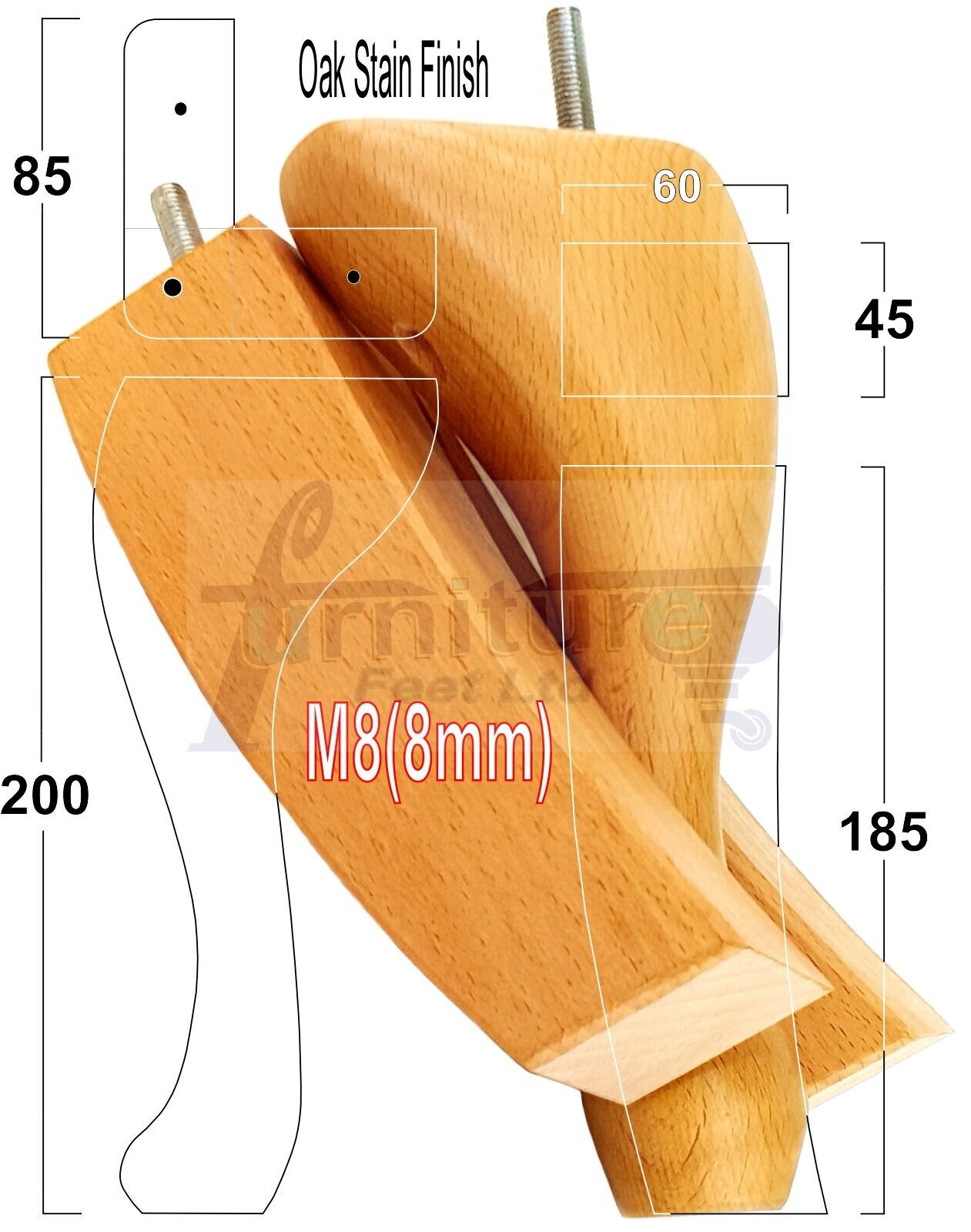 2x Vintage Queen Anne Replacement Furniture Legs & 2x Curved Back Feet 200mm High 8mm Thread