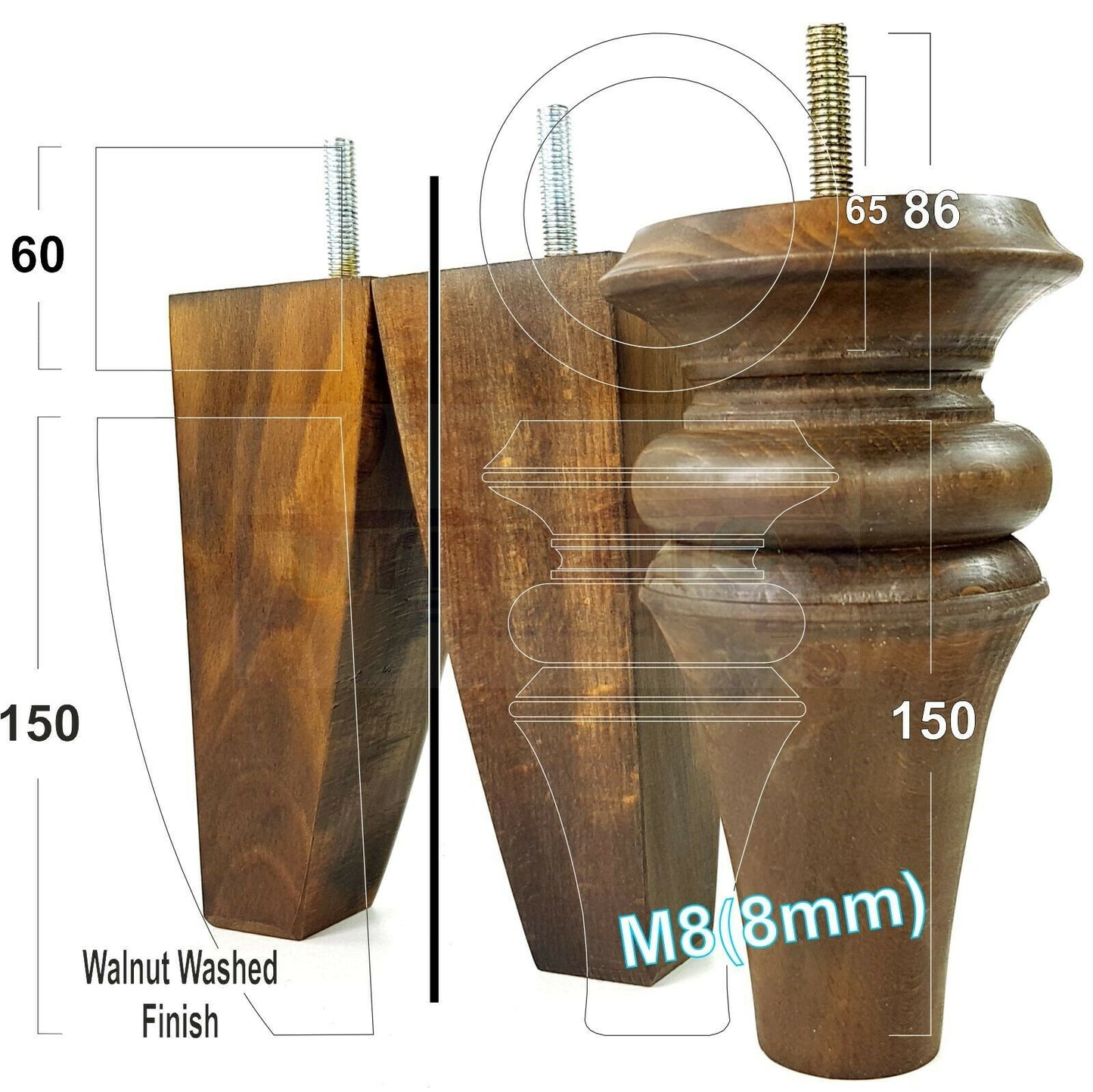 2x Turned & 2x Curved Back Wooden Feet Replacement Furniture Legs 150mm M8(8mm)