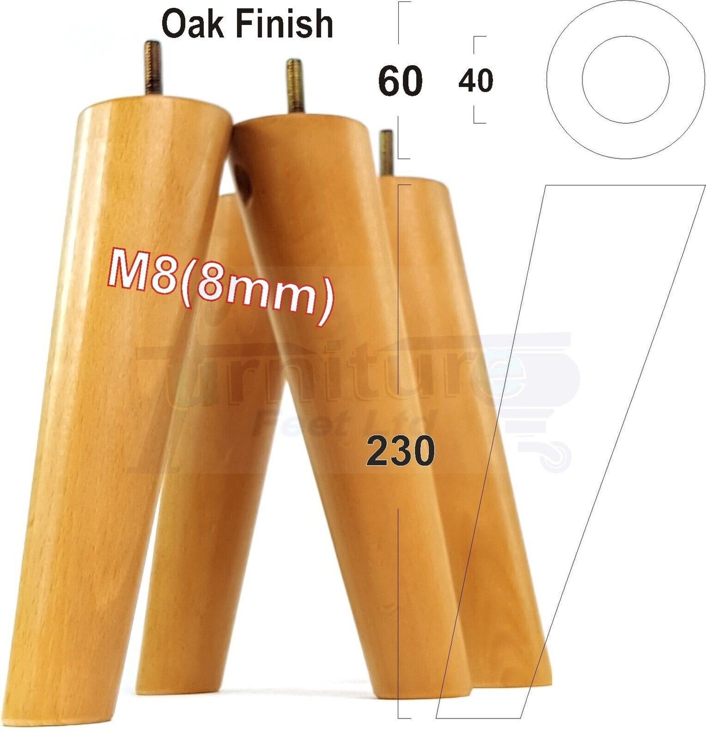 4 Solid Wood Turned Furniture Feet Replacement Mid Centry Angled Retro Legs 230mm High M8 Sofa Chairs Stools Cabinets Beds