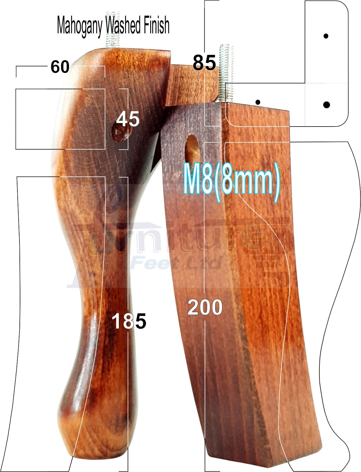 2x Vintage Queen Anne Replacement Furniture Legs & 2x Curved Back Feet 200mm High 8mm Thread