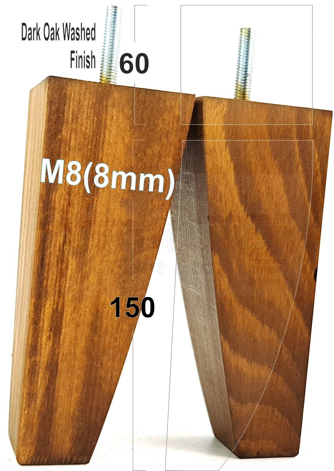 4x Tapered Square Furniture Legs Sofa Feet M8 for Chairs, Settees 150mm High