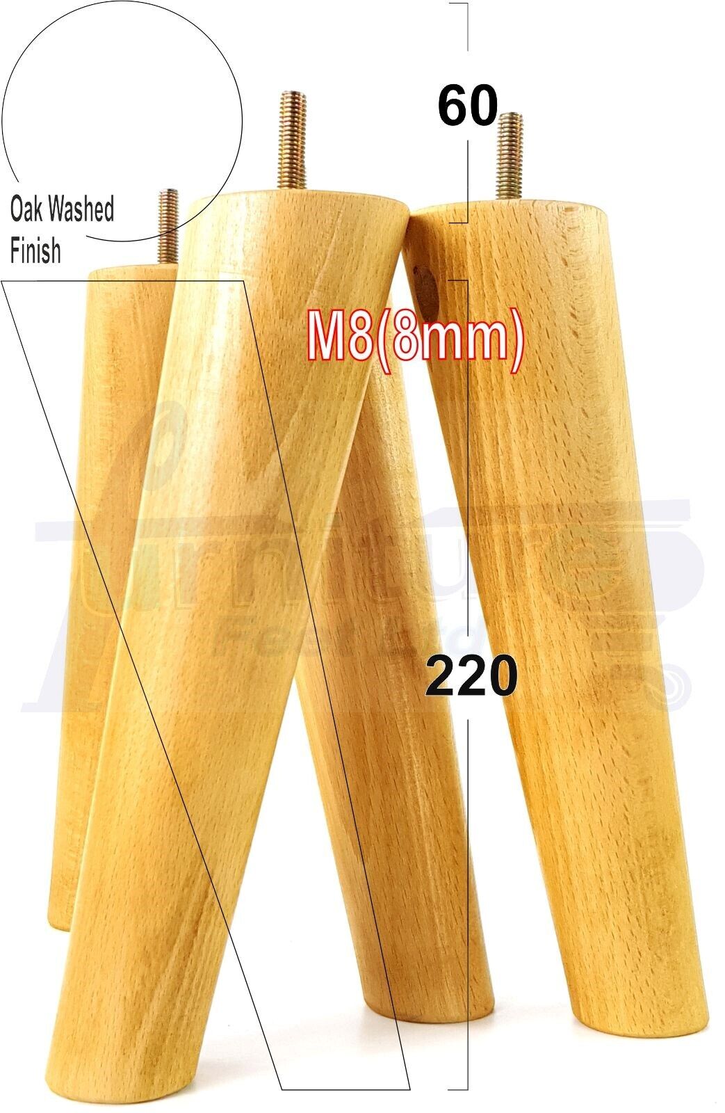 4 Solid Wood Turned Furniture Feet Replacement Mid Centry Angled Retro Legs 220mm High M8 Sofa Chairs Stools Cabinets Beds