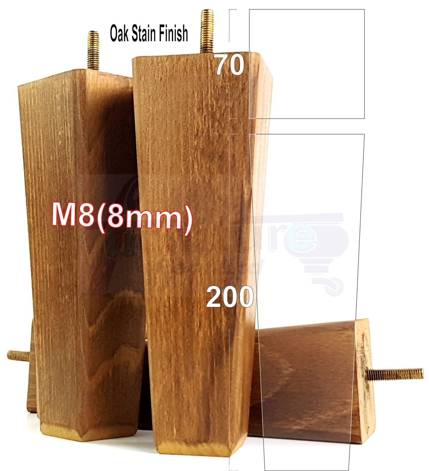 4x Wooden Furniture Legs 200mm High Replacement Square Tapered Feet 8mm