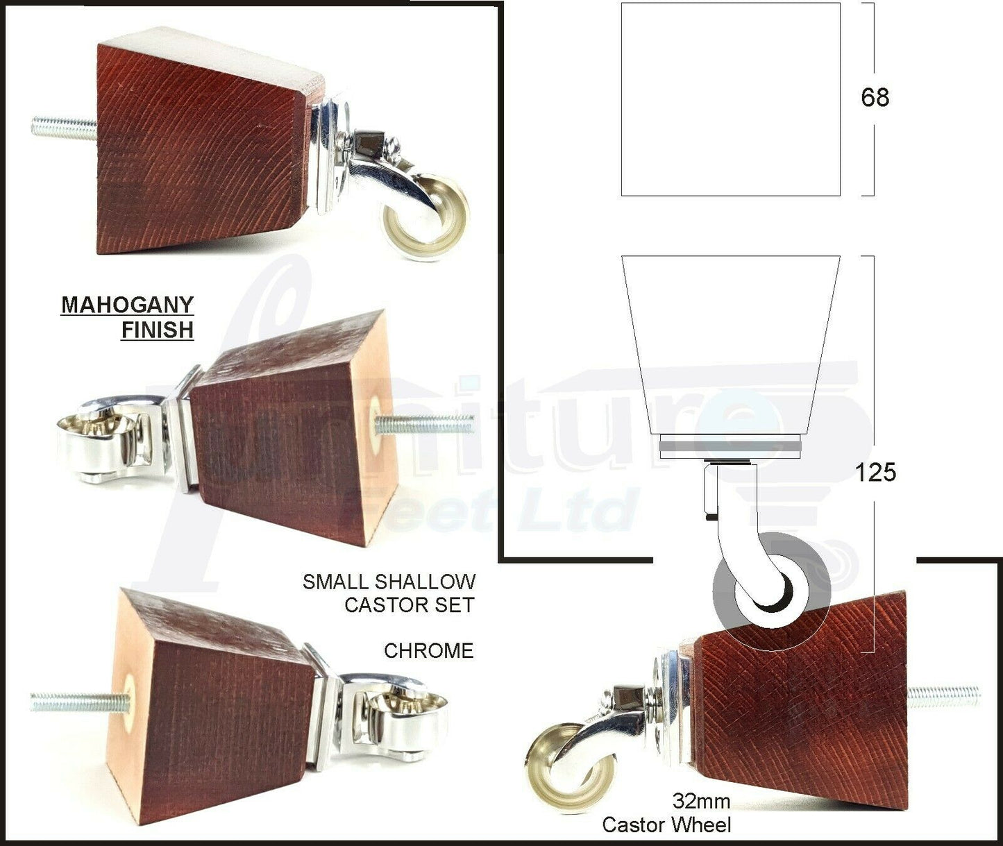 Set Of 4 Wooden Turned Replacement Furniture Legs 125mm High With Chrome Castor Wheels 8mm Thread