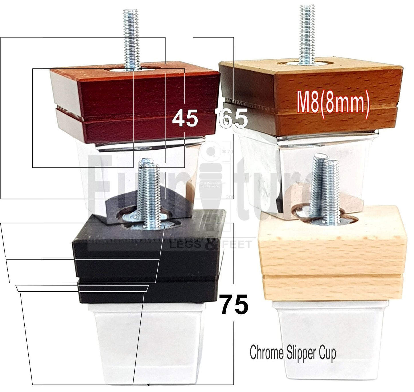 4x Wood Furniture Sofa Legs M8 Replacement Chair Settee Feet & Chrome Metal Slipper Cup 75mm