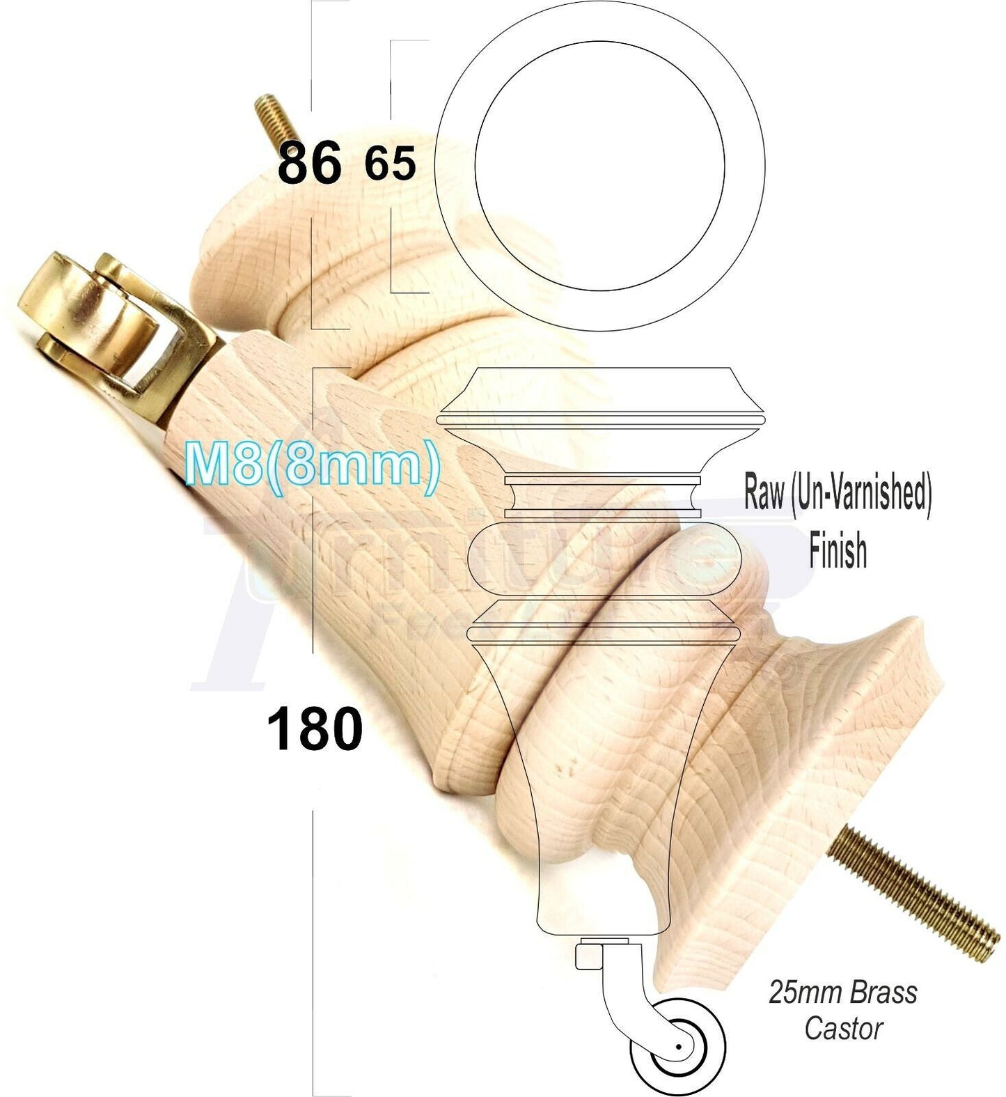 4x Turned Furniture Legs With Brass Castors 180mm High M8(8mm) Replacement Feet