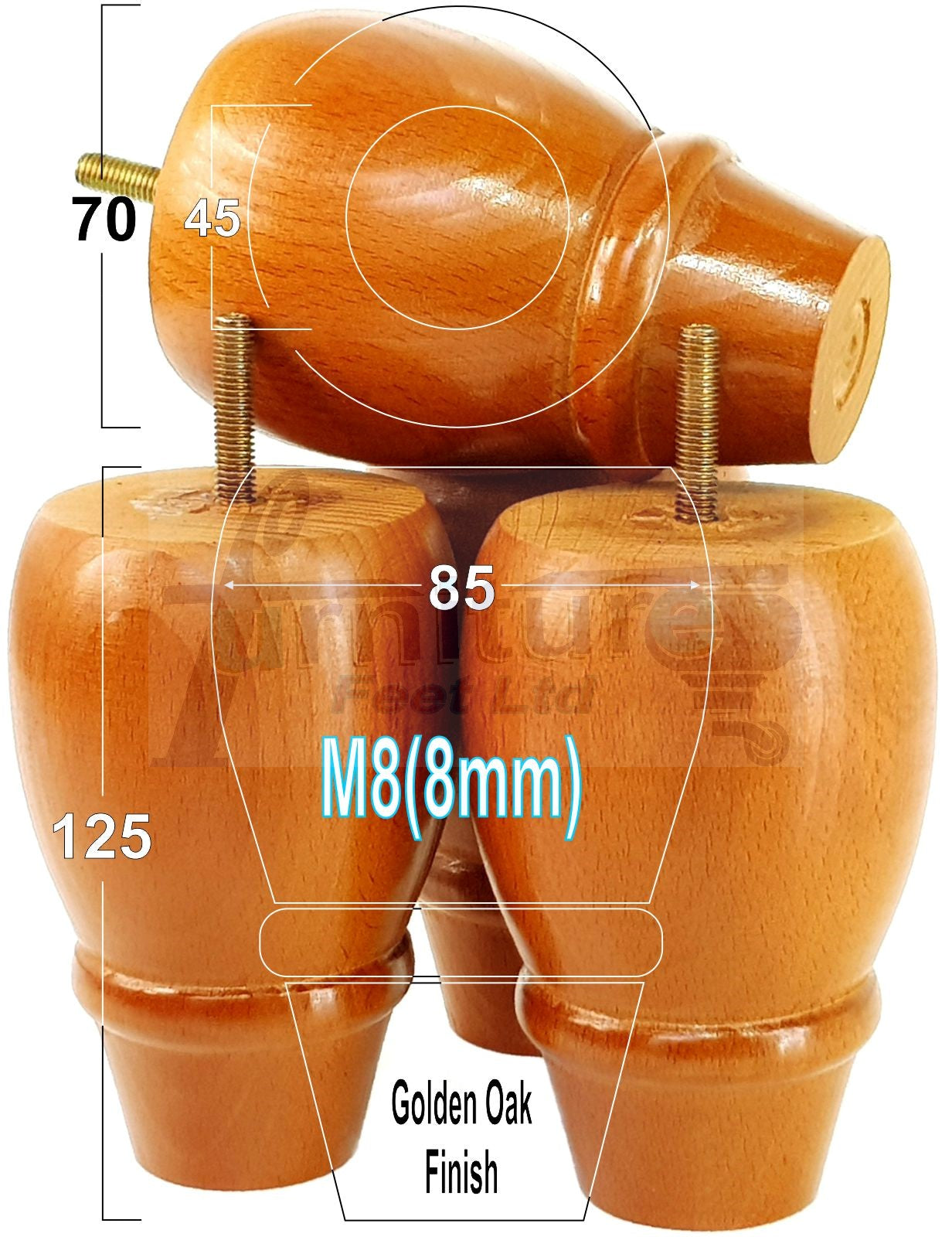 SET OF 4 REPLACEMENT FURNITURE BUN FEET TURNED WOODEN LEGS 125mm HIGH FOR SETTEE CHAIRS SOFAS FOOTSTOOLS M8 (8mm) PKC342