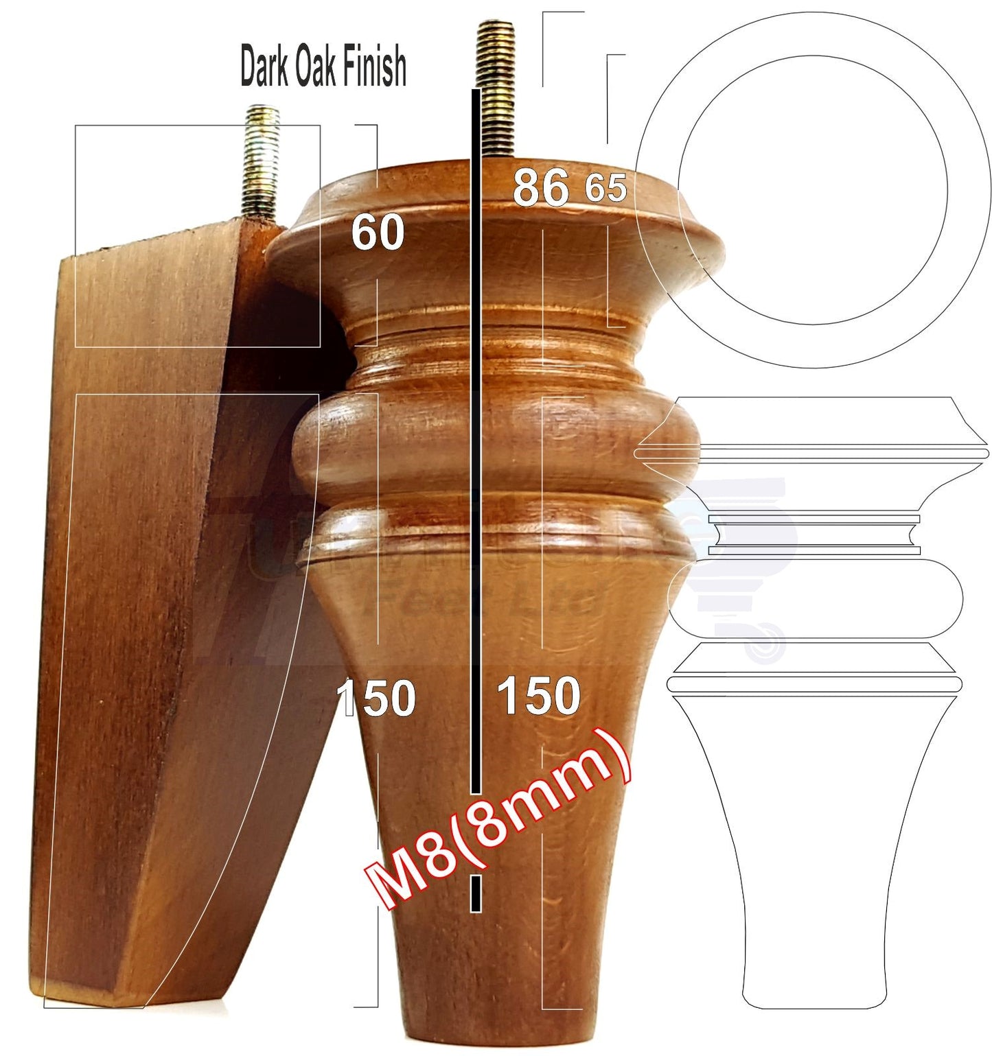 2x Turned & 2x Curved Back Wooden Feet Replacement Furniture Legs 150mm M8(8mm)