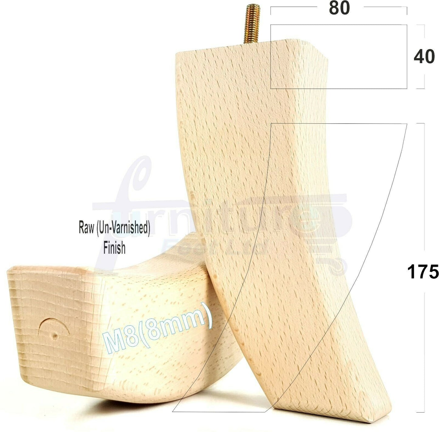 SET OF 4 WOODEN FURNITURE FEET 175mm HIGH REPLACEMENT SOFA LEGS 8mm Thread