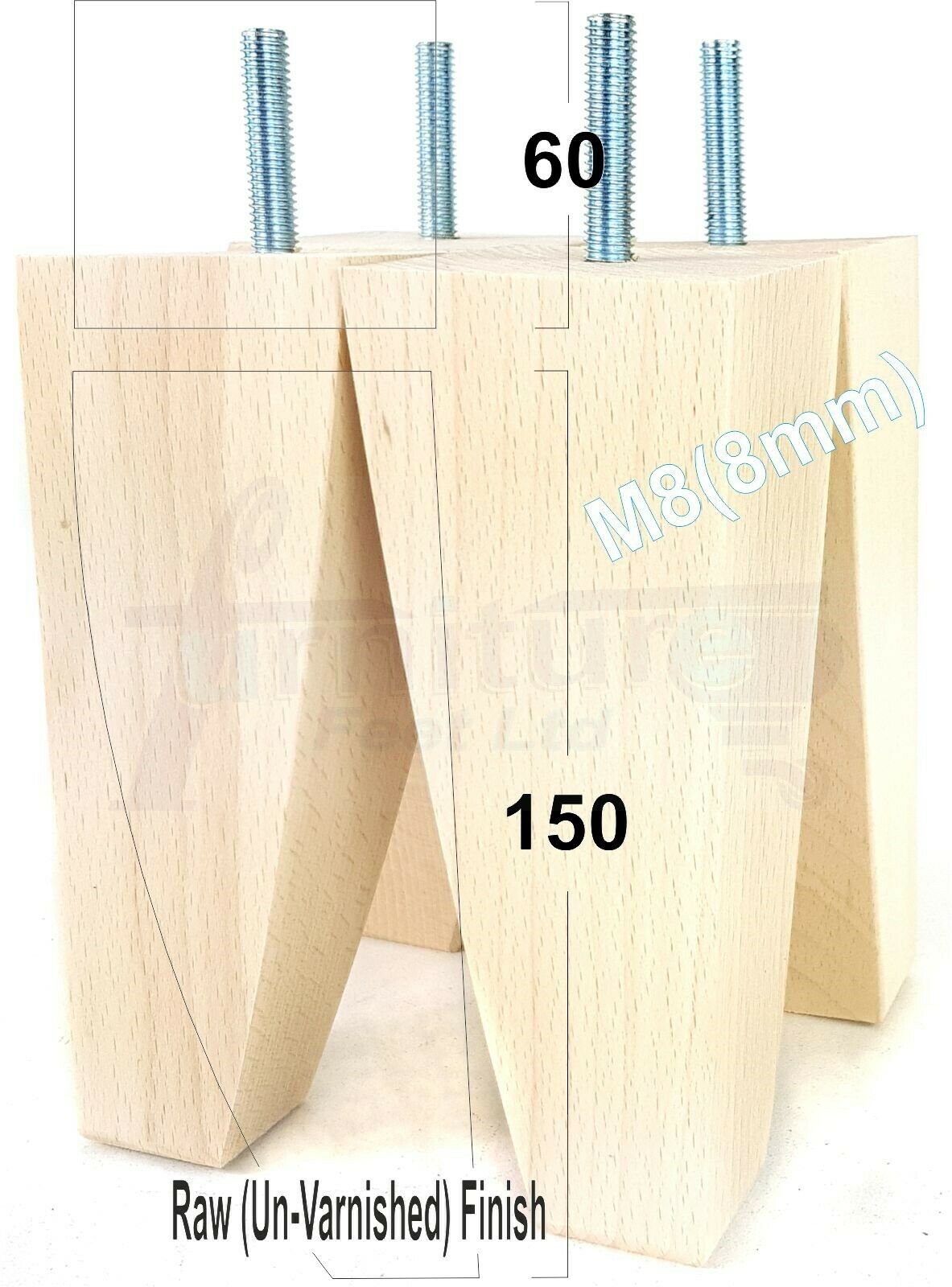 4x Tapered Square Furniture Legs Sofa Feet M8 for Chairs, Settees 150mm High