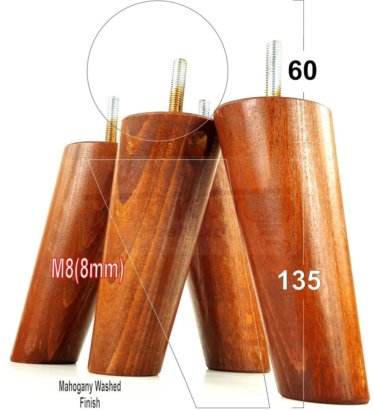 4 Solid Wood Turned Furniture Feet Replacement Mid Centry Angled Retro Legs 135mm High M8 Sofa Chairs Stools Cabinets Beds