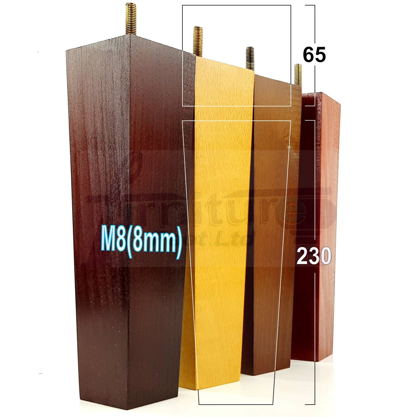4 Solid Wood Furniture Feet Square Replacement Block Tapered Legs 230mm High M8 Sofa Chairs Stools Cabinets Beds