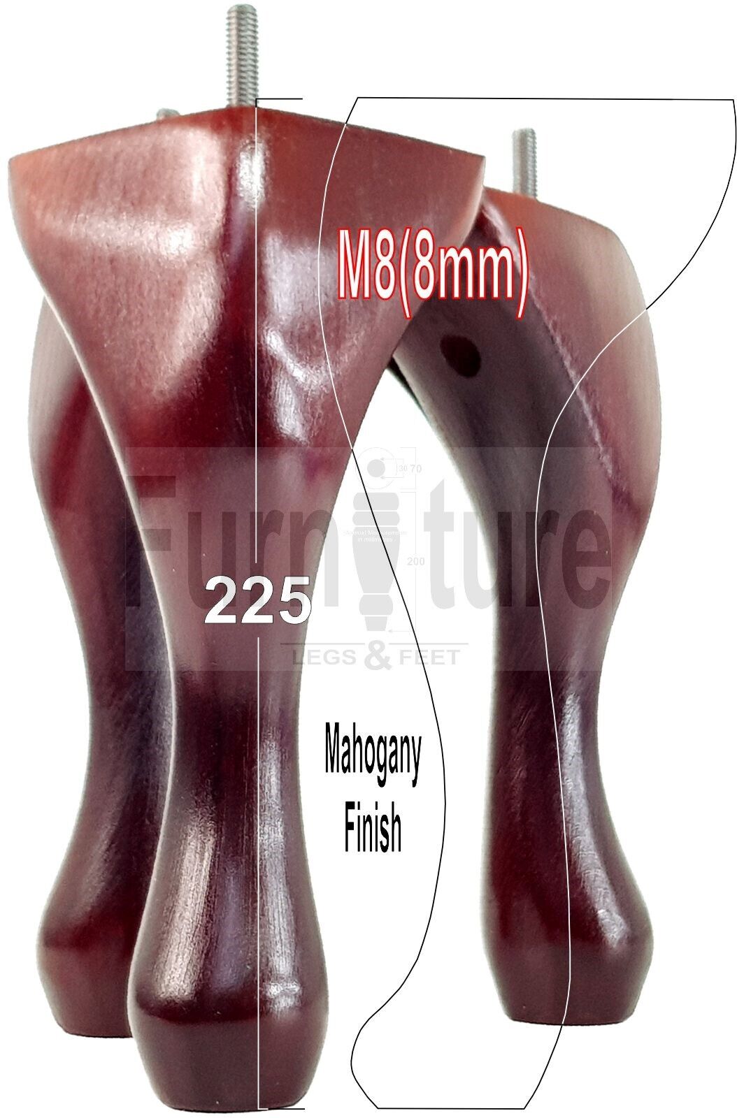 4x Solid Wood Furniture Feet 225mm High Vintage Queen Anne Replacement Legs M8 8 Inches