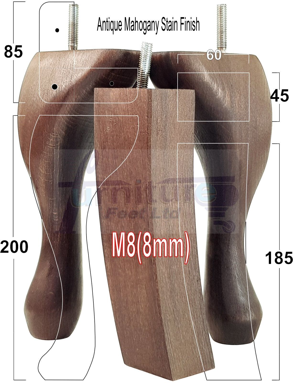 2x Vintage Queen Anne Replacement Furniture Legs & 2x Curved Back Feet 200mm High 8mm Thread