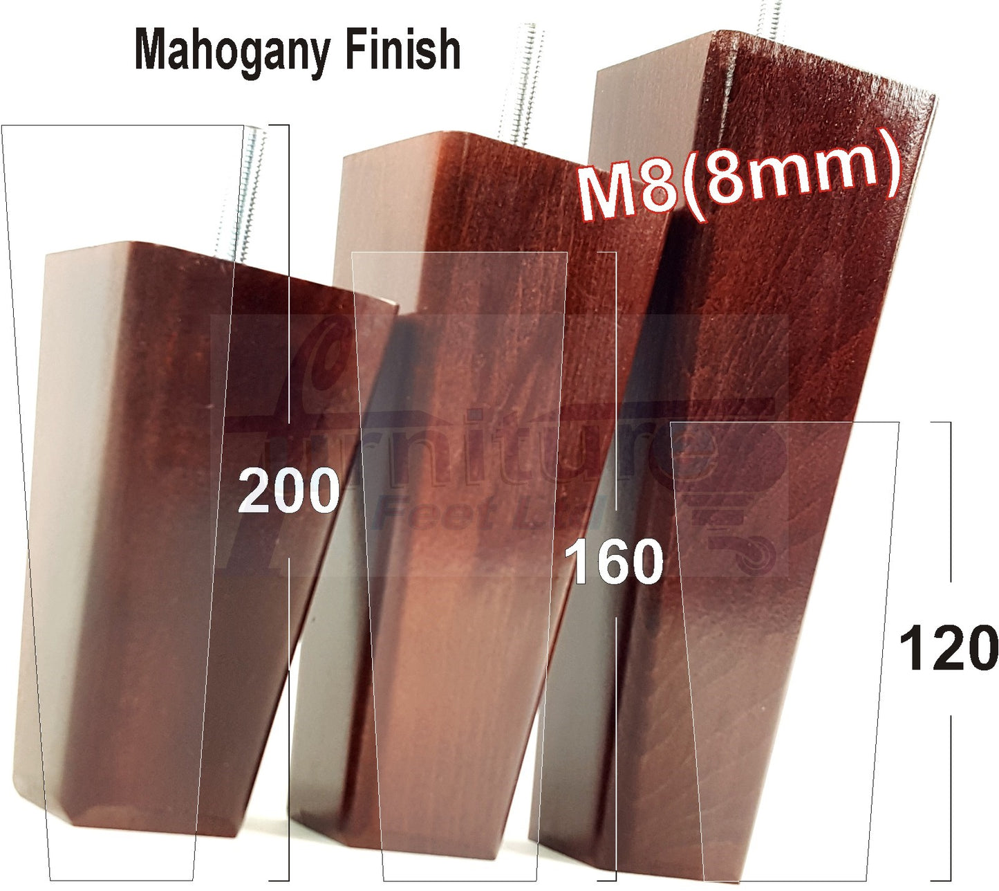 4x Wooden Furniture Legs 160mm High Replacement Square Tapered Feet 8mm