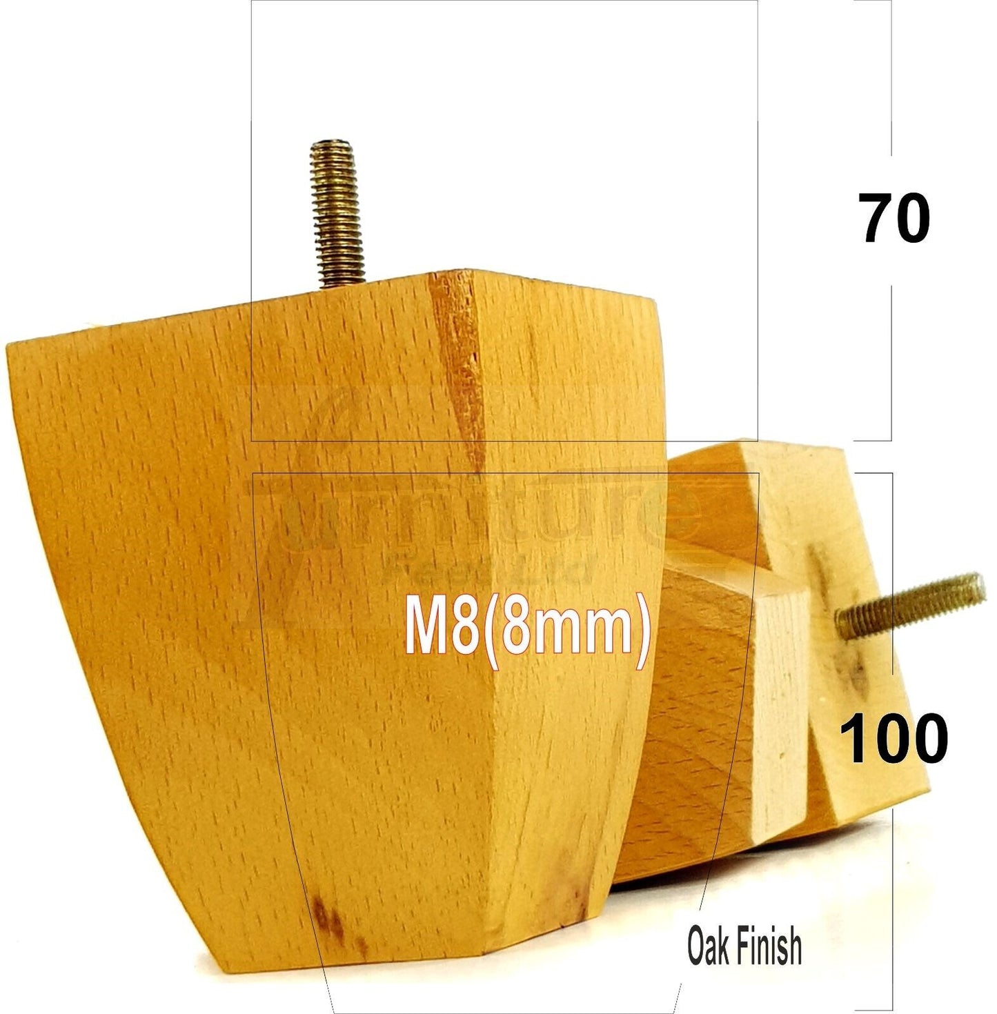 Set Of 4 Solid Wood Square Block Furniture Feet Replacement Legs 100mm High M8(8mm)