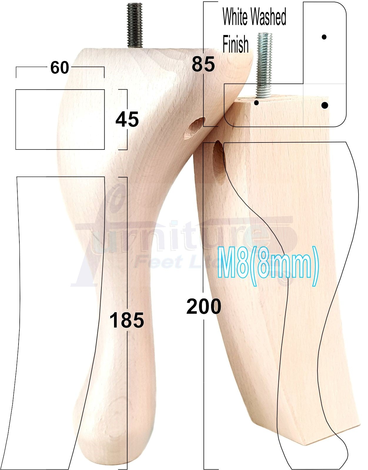 2x Vintage Queen Anne Replacement Furniture Legs & 2x Curved Back Feet 200mm High 8mm Thread