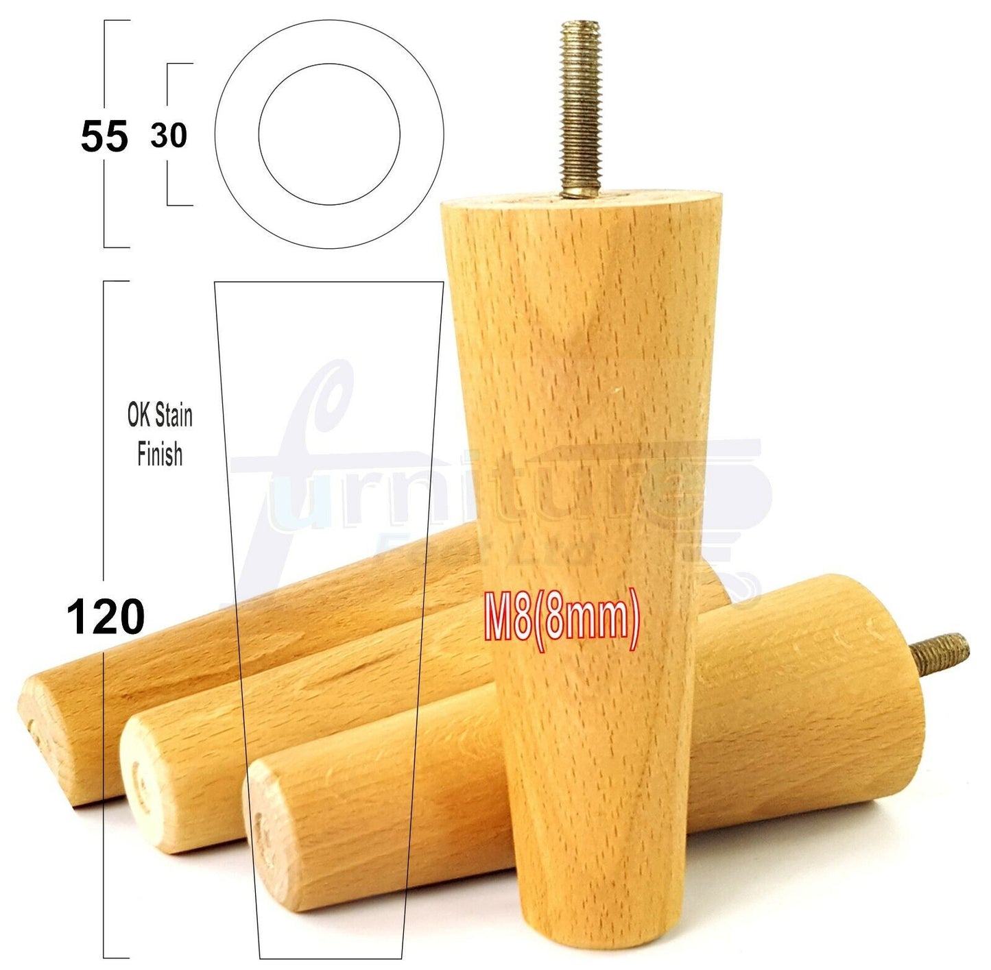 4 Wood Replacement Furniture Chair Legs M8 Footstool Settee Sofa Feet 120mm High