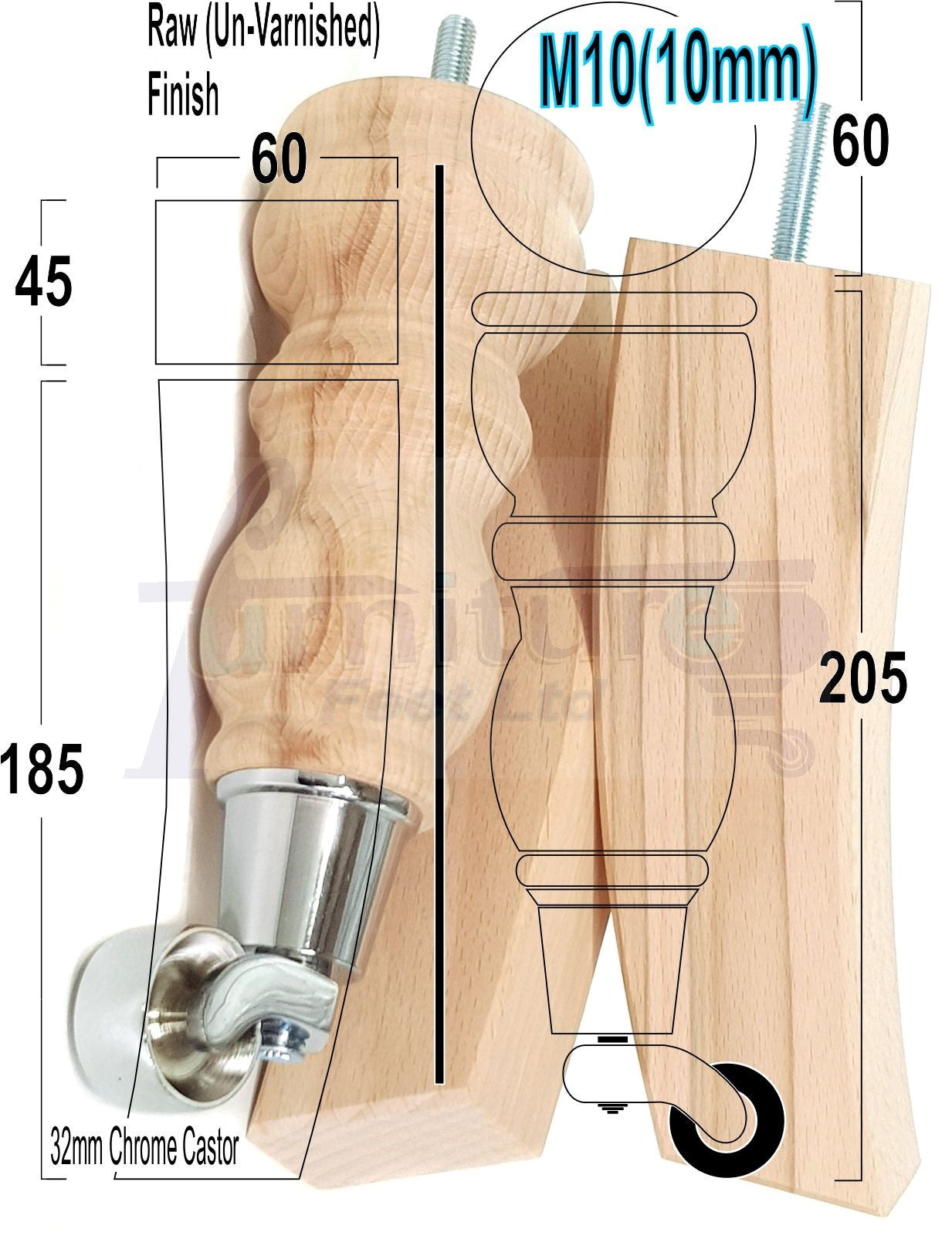 2x Wood Furniture Castor Settee Feet & 2x Curved Legs 10mm Thread 205mm High Raw (Un-Varnished) For Sofas Chairs Stools Cabinets & Beds