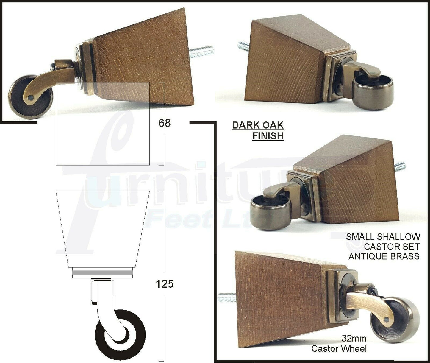 Set Of 4 Wooden Turned Replacement Furniture Legs 125mm High With Brass Castor Wheels 8mm Thread