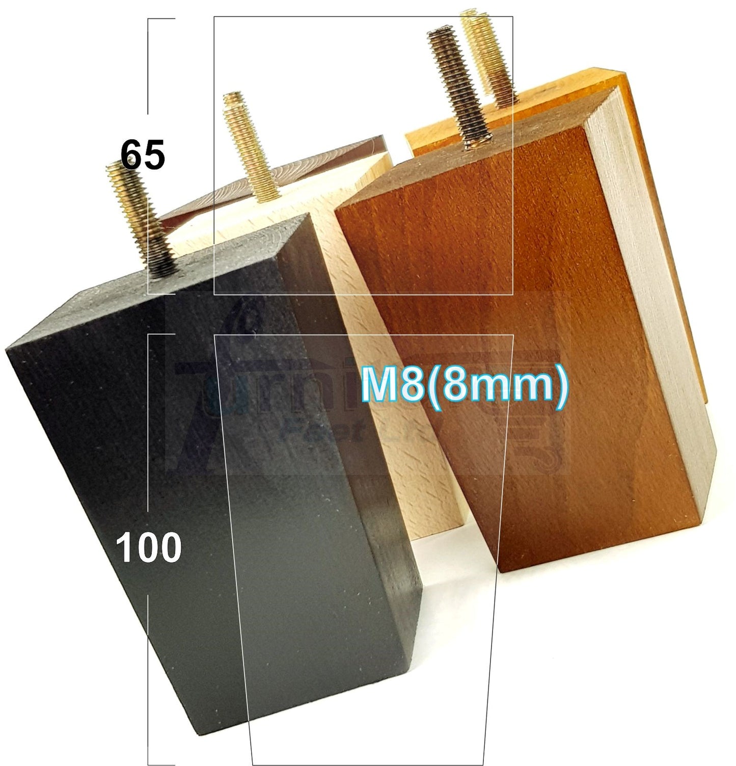 Solid Wood Furniture Feet Square Replacement Block Tapered Legs 100mm High M8 Set of 4 Sofa Chairs Stools Cabinets Beds