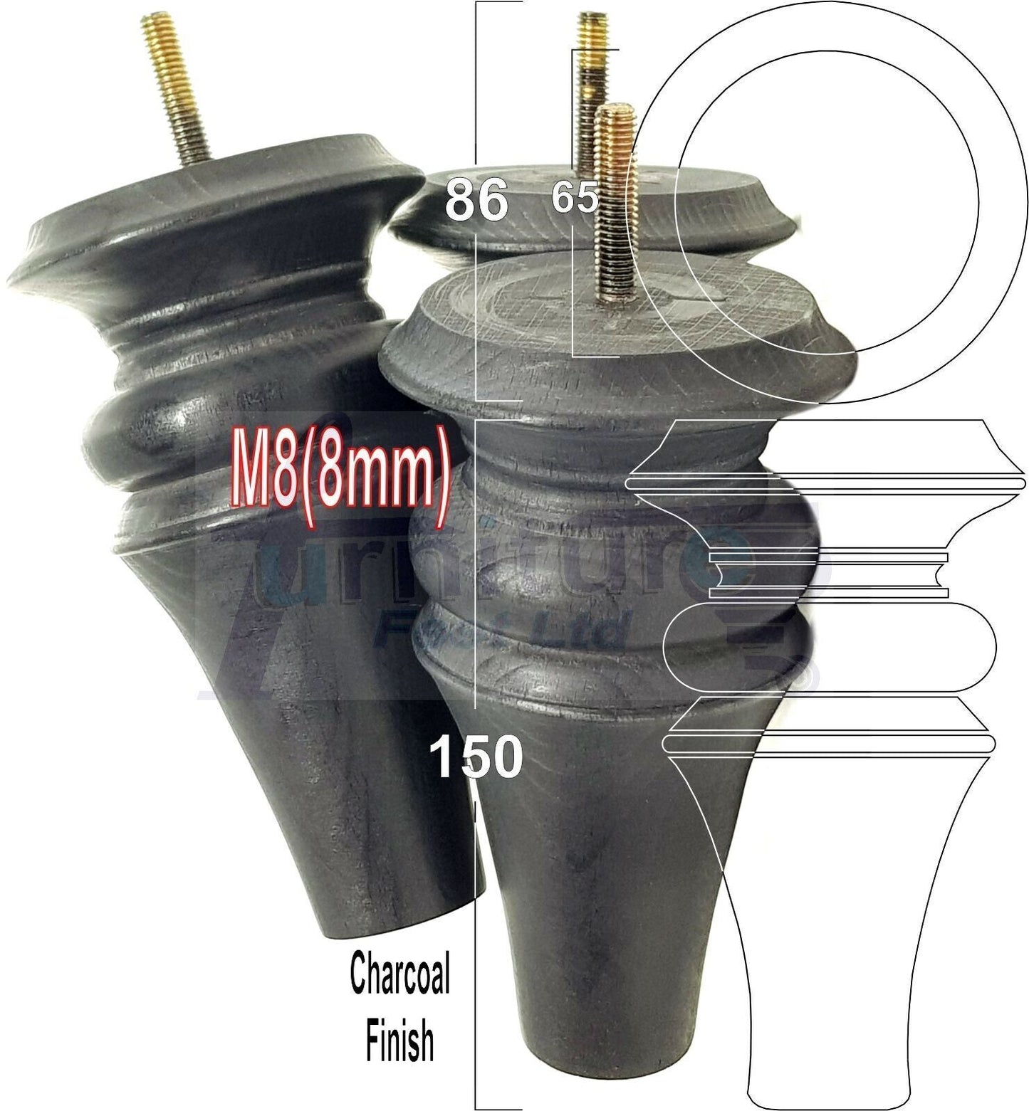 4x Turned Furniture Legs 150mm High M8(8mm) Replacement Feet