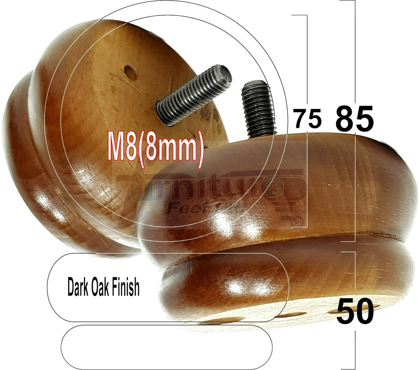 4 Turned Wood Furniture Legs Chair Sofa Bed M8 Replacement Bun Feet 50mm High