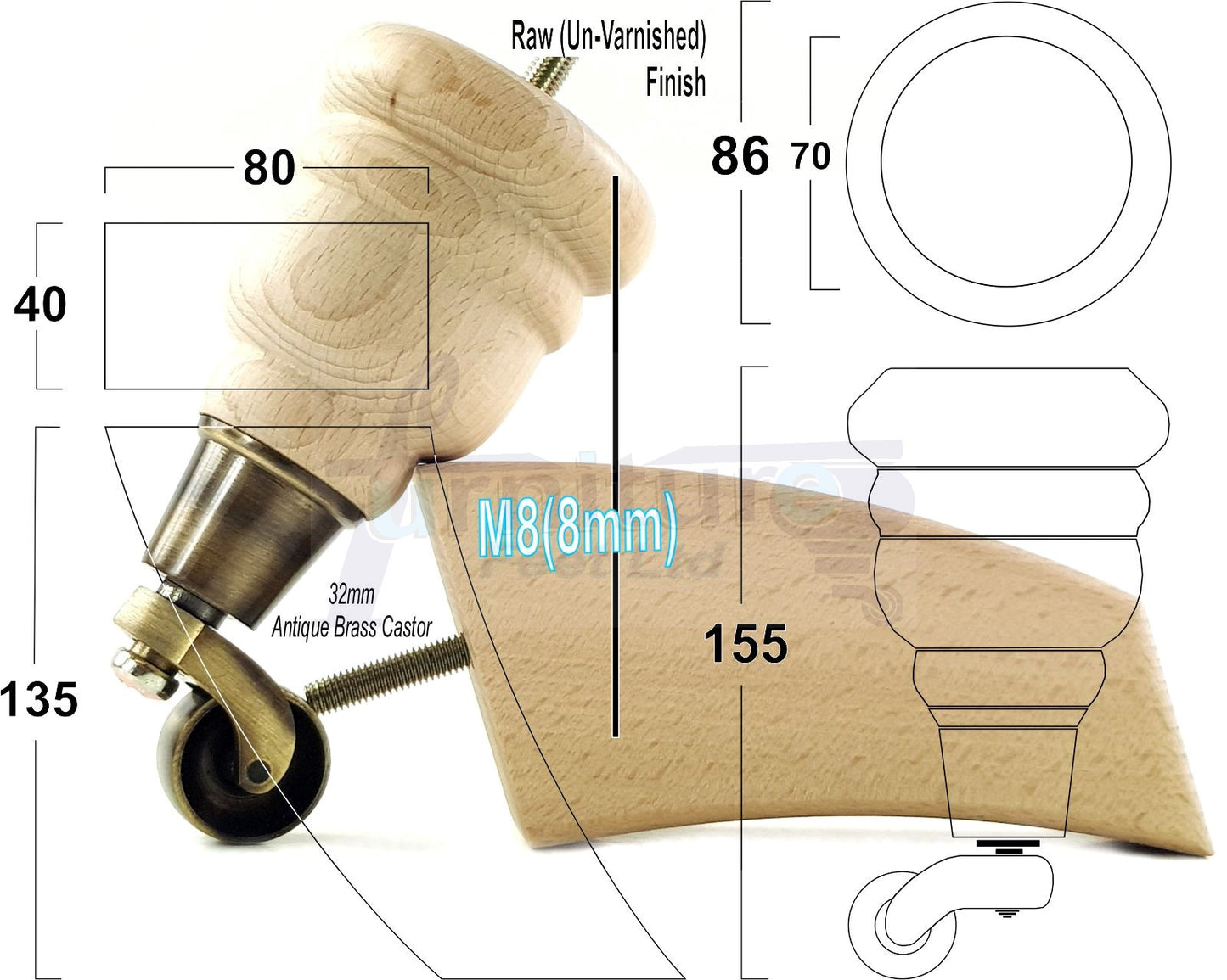 Natural Turned Wood Furniture Feet 2 With Castors 155mm and 2 Curved Back Legs Sofas Chairs Stools Cabinets Beds M8 6 Inches
