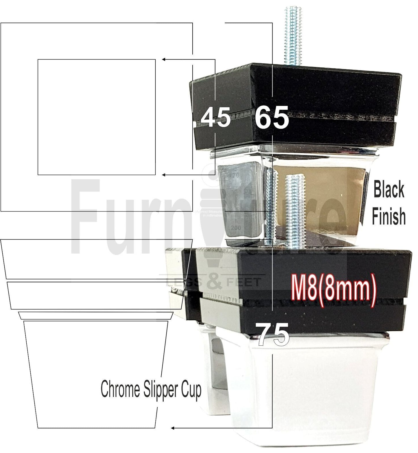 4x Wood Furniture Sofa Legs M8 Replacement Chair Settee Feet & Chrome Metal Slipper Cup 75mm