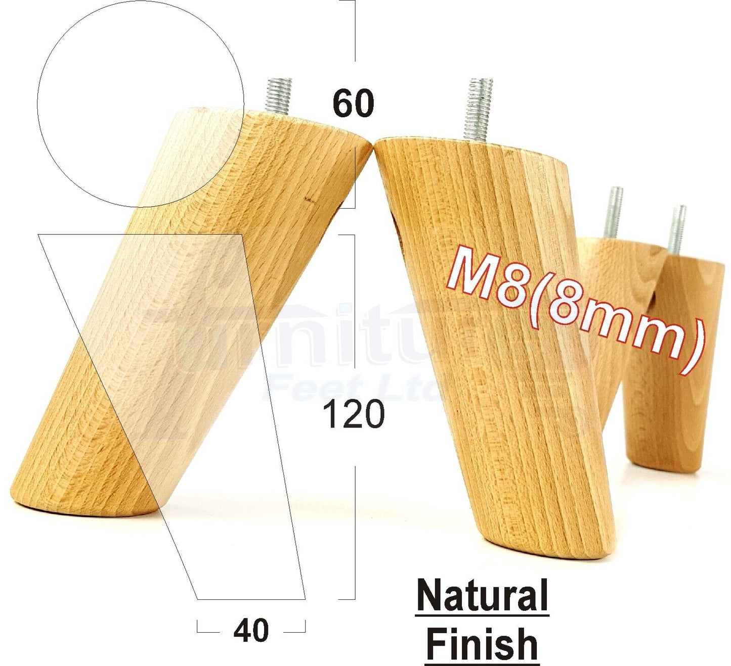 4 Solid Wood Turned Furniture Feet Replacement Mid Centry Angled Retro Legs 120mm High M8 Sofa Chairs Stools Cabinets Beds