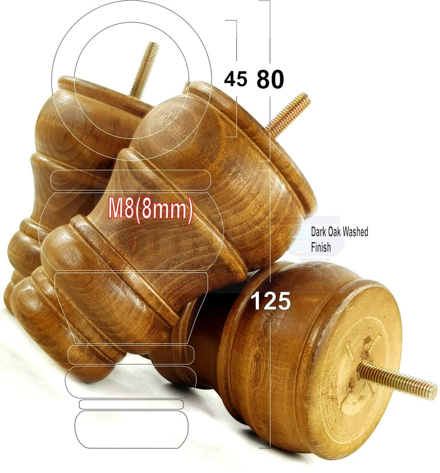 4 Turned Wood Furniture Chair Legs M8 Replacement Sofa Settee Feet 125mm High