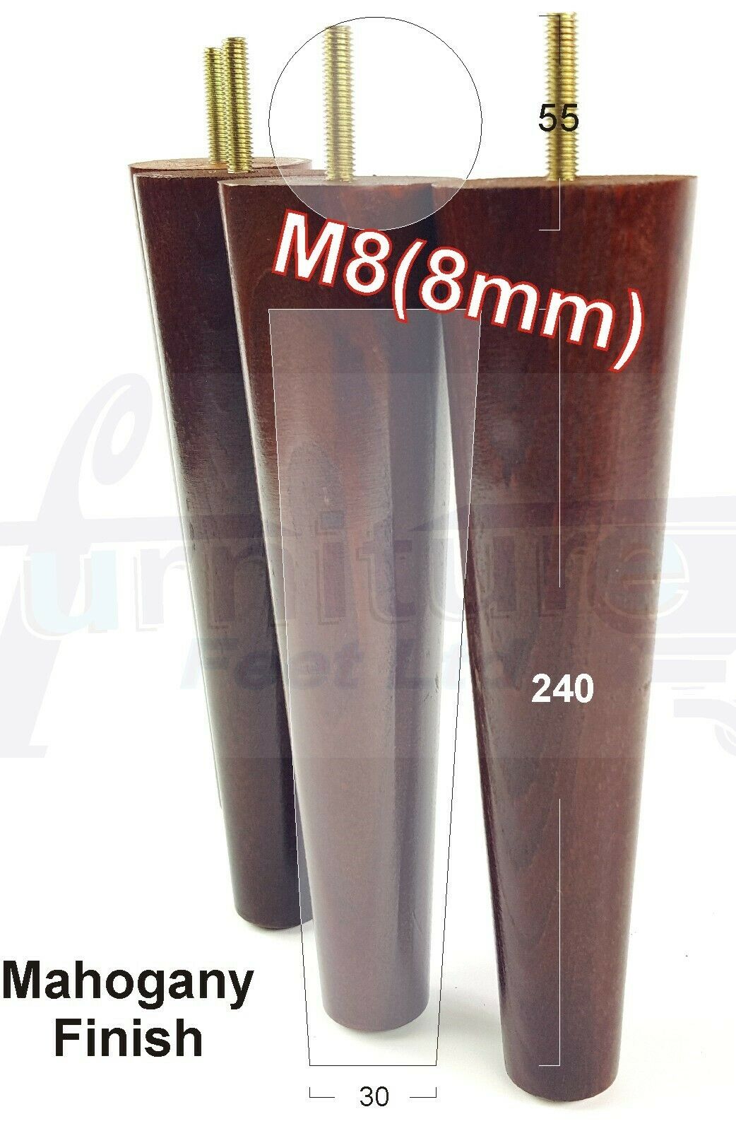 4 Retro Wood Replacement Furniture Chair Legs M8 Footstool Settee Sofa Feet 240mm High