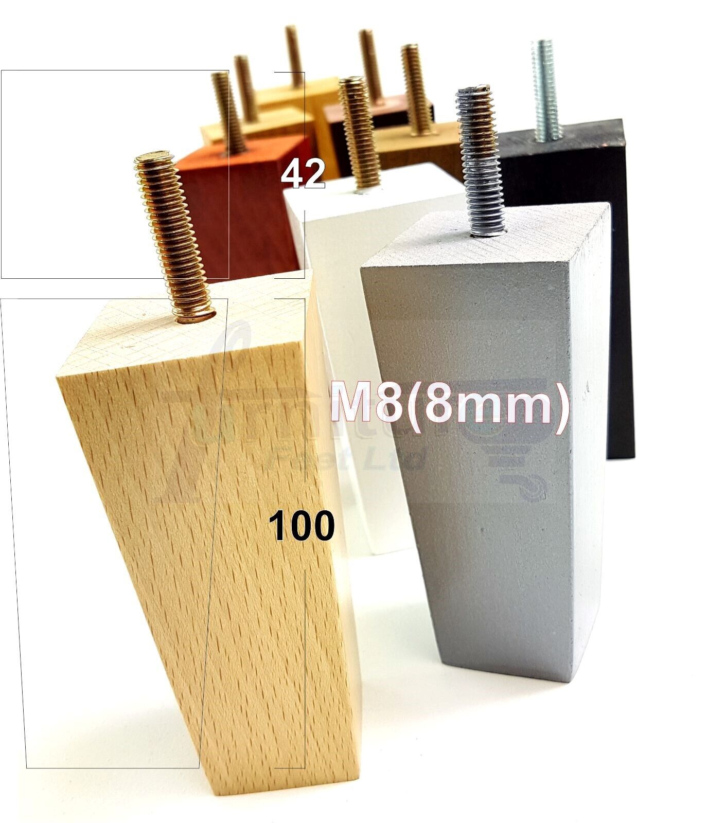 4x Solid Wood Block Furniture Legs Replacement Square Feet 100mm High M8(8mm)