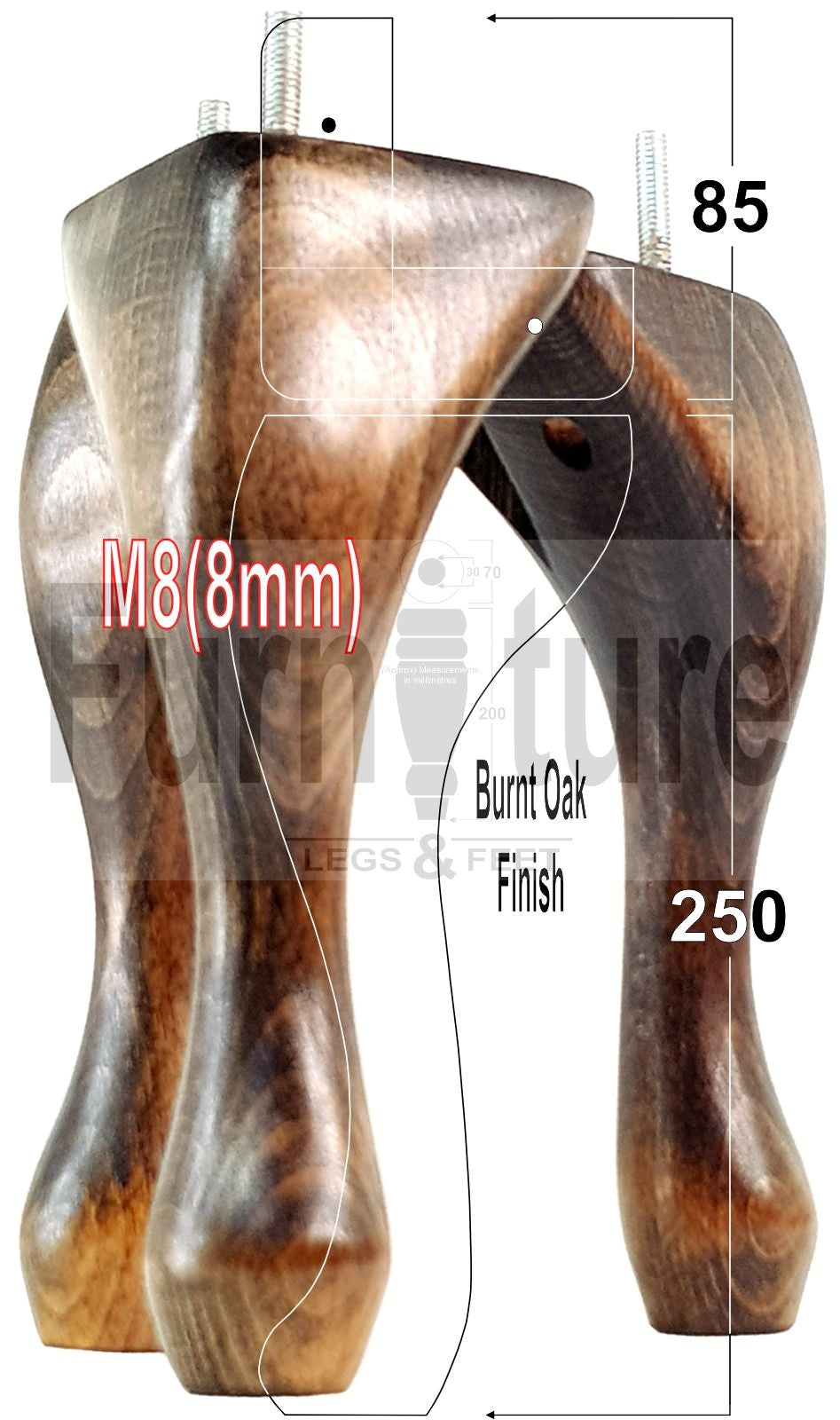 4 Replacement Traditional Queen Anne Furniture Leg 250mm High Sofa Chair Beds M8