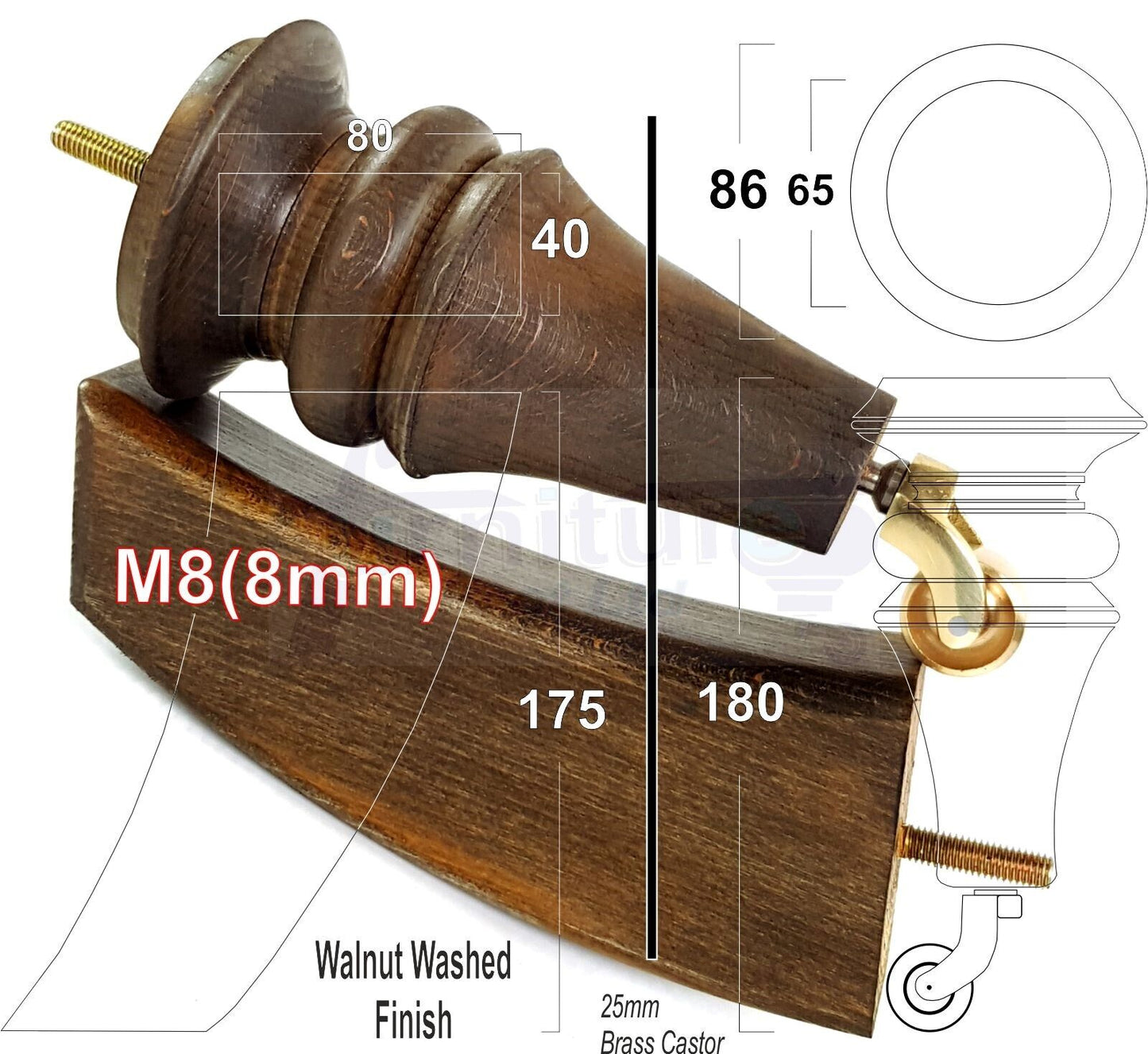 2x Turned & 2x Curved Back Wooden Feet Replacement Furniture Legs 180mm M8(8mm)
