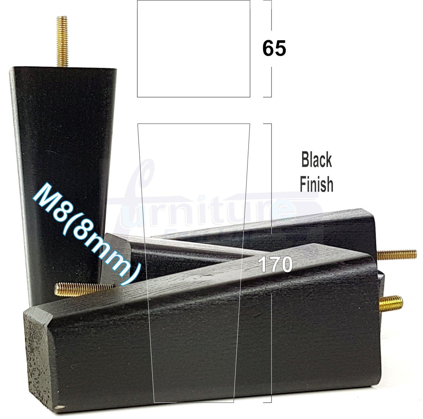 4x Wooden Furniture Legs 170mm High Replacement Square Tapered Feet 8mm