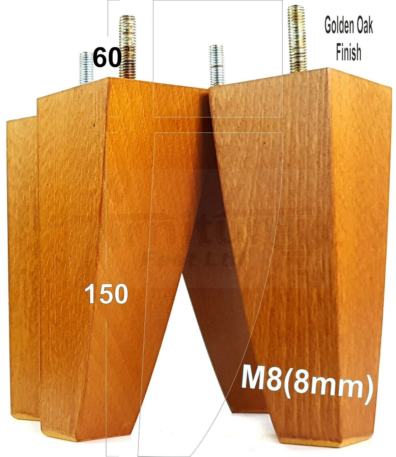 4x Tapered Square Furniture Legs Sofa Feet M8 for Chairs, Settees 150mm High