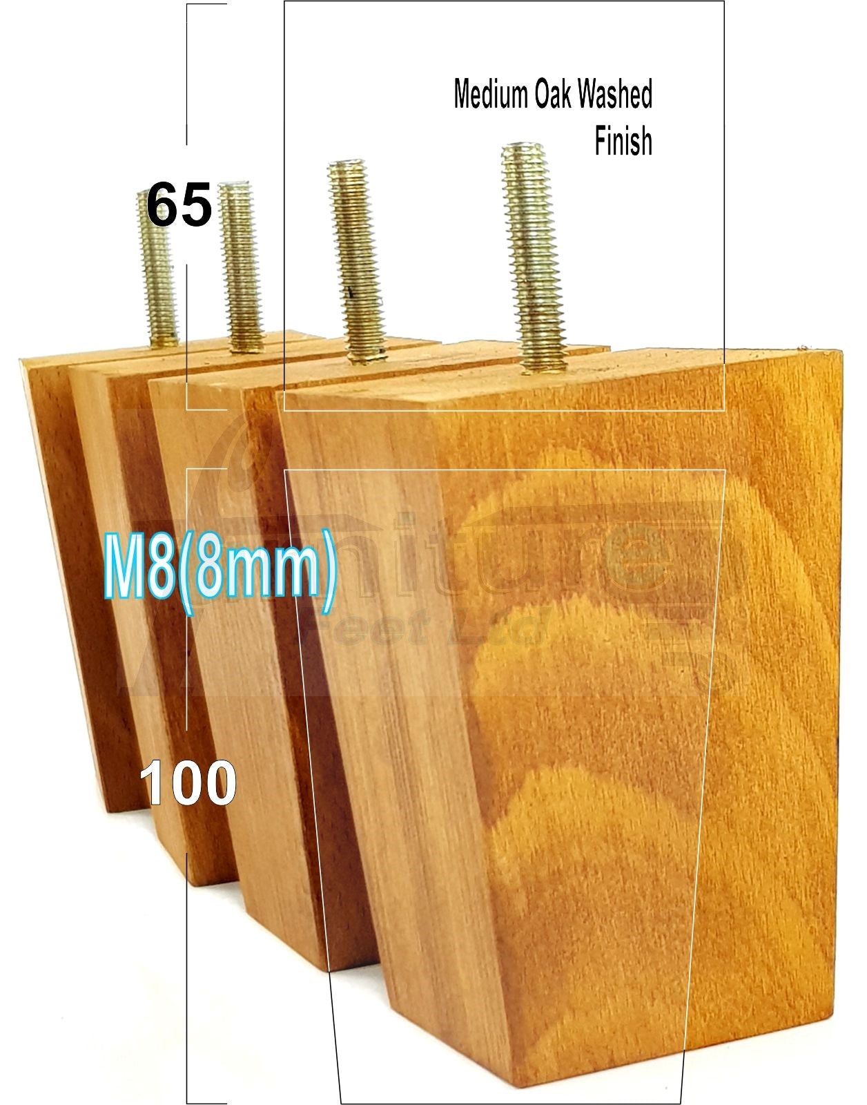 Solid Wood Furniture Feet Square Replacement Block Tapered Legs 100mm High M8 Set of 4 Sofa Chairs Stools Cabinets Beds