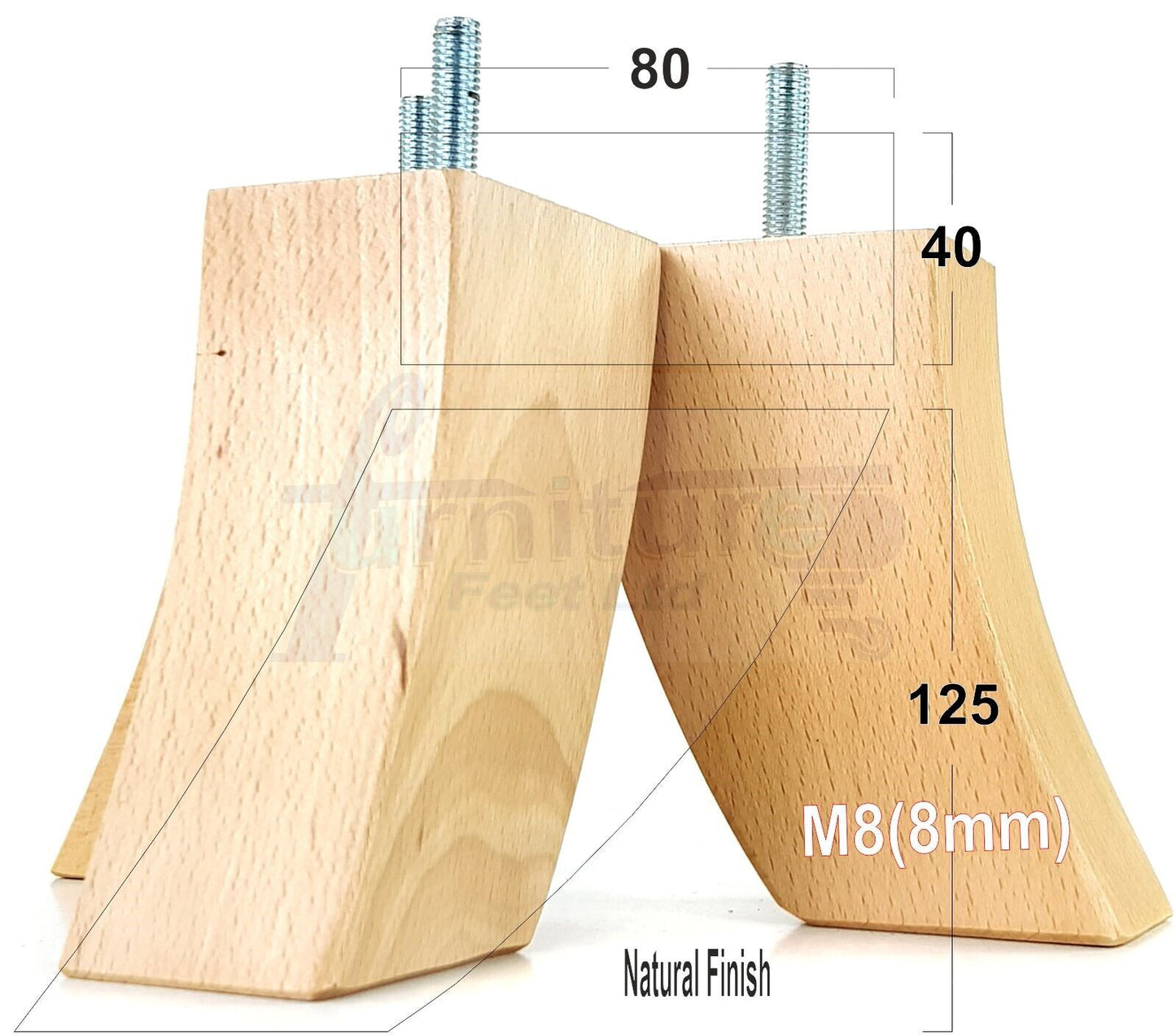 SET OF 4 WOODEN FURNITURE FEET 125mm HIGH REPLACEMENT SOFA LEGS 8mm Thread