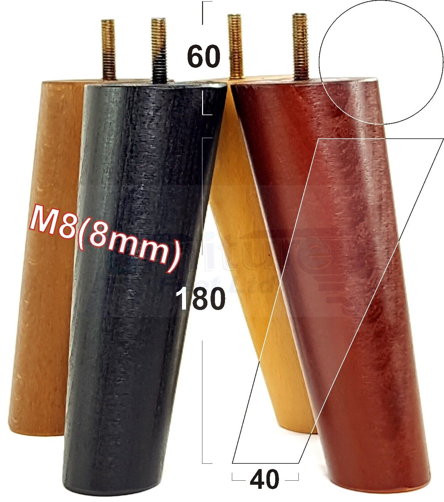 4 Solid Wood Turned Furniture Feet Replacement Mid Centry Angled Retro Legs 180mm High M8 Sofa Chairs Stools Cabinets Beds