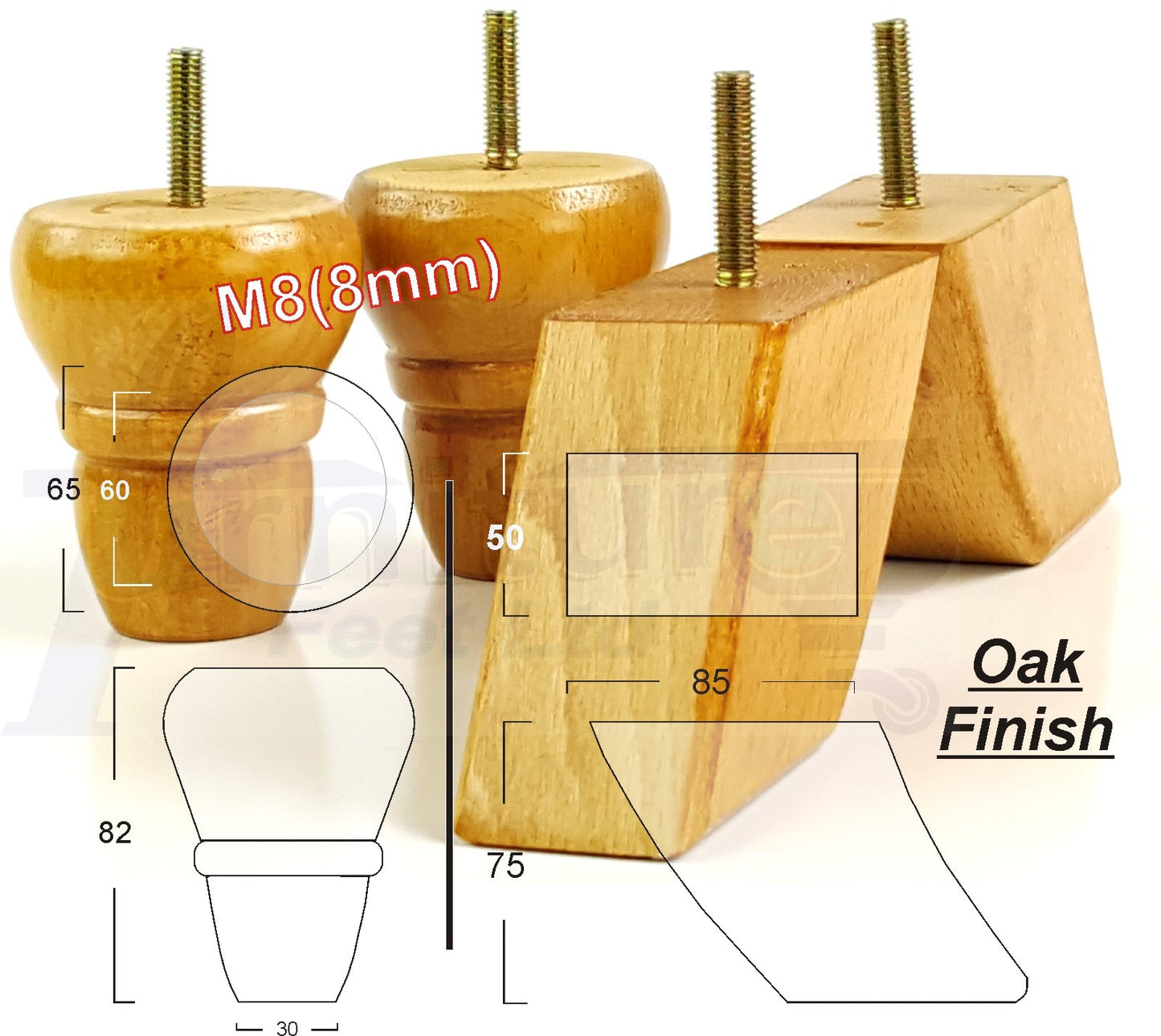 Set Of 2 Turned Wood Repacement Furniture Legs & 2 Curved Back Feet 8mm Thread