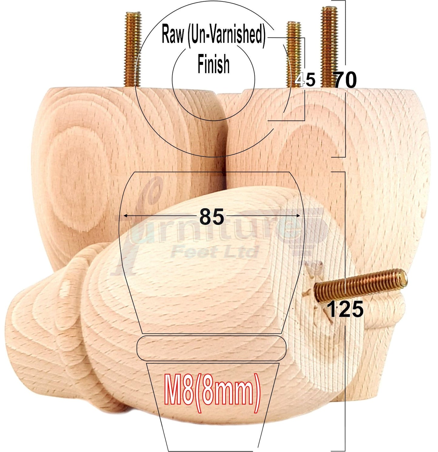 SET OF 4 REPLACEMENT FURNITURE BUN FEET TURNED WOODEN LEGS 125mm HIGH FOR SETTEE CHAIRS SOFAS FOOTSTOOLS M8 (8mm) PKC342