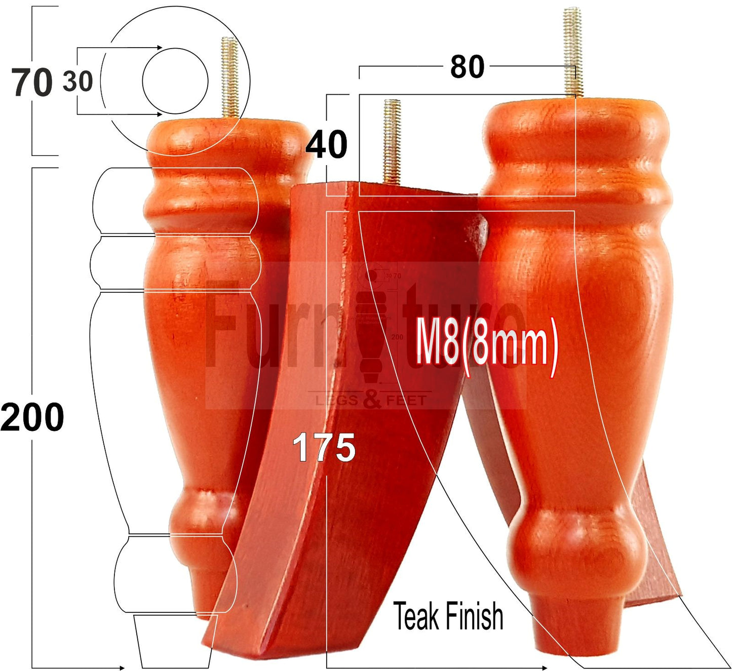 2 Turned Furniture Feet Replacement Sofa Legs 200mm & 2 Curved Back Legs 185mm for Chairs Sofa Settee Cabinets M8