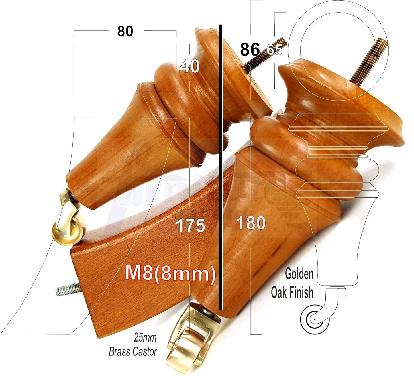 2x Turned & 2x Curved Back Wooden Feet Replacement Furniture Legs 180mm M8(8mm)